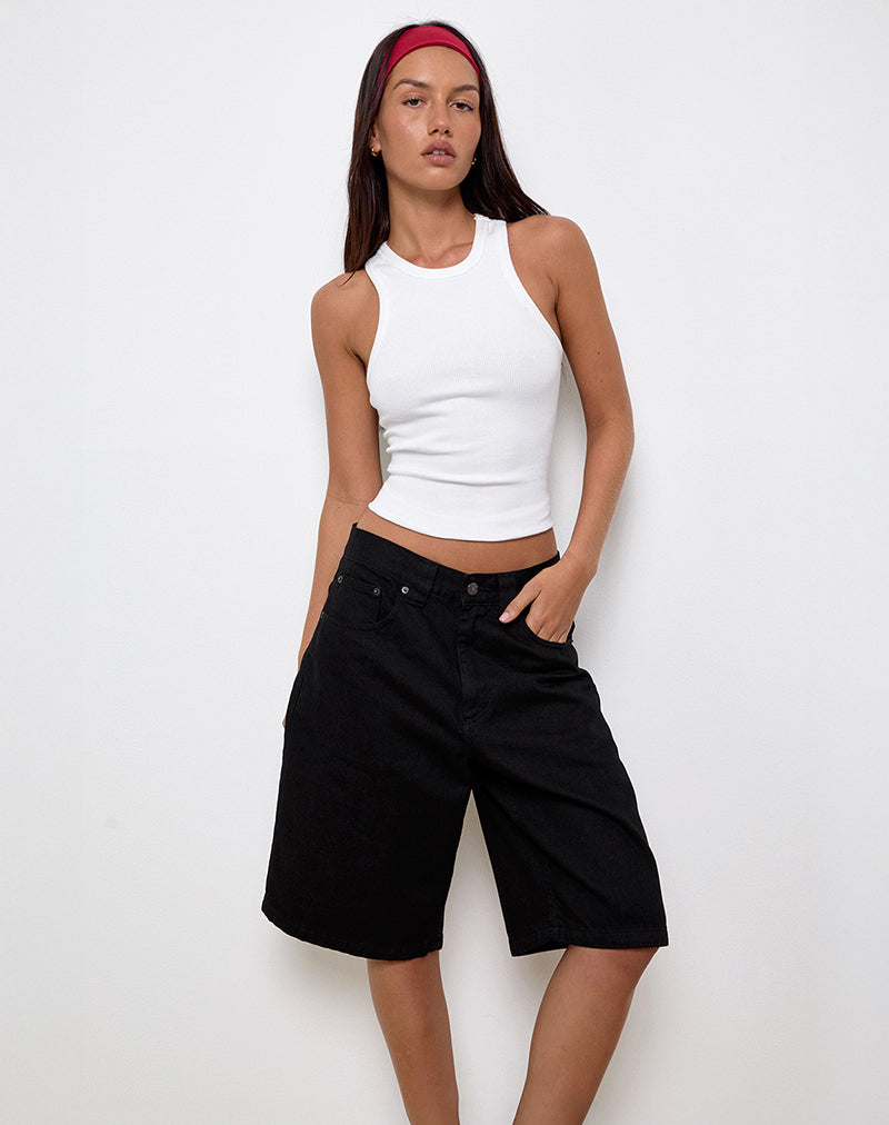 Low Rise Skater Shorts in Rinse Black Denim-Nico Sky