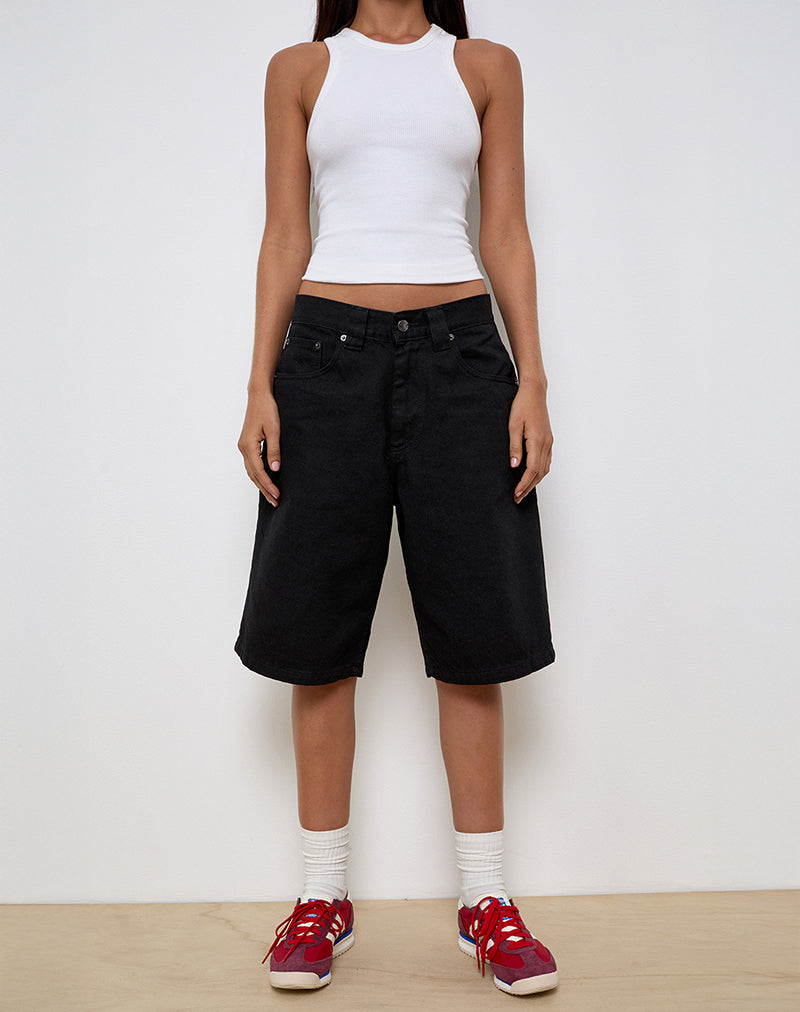 Low Rise Skater Shorts in Rinse Black Denim-Nico Sky