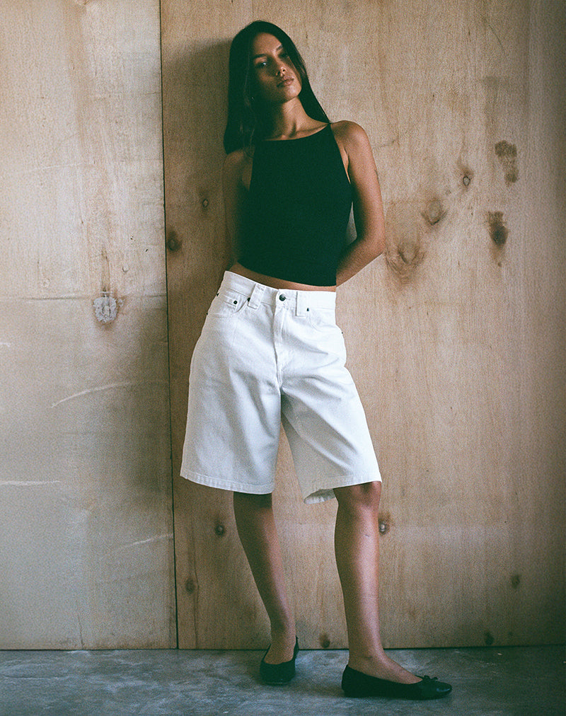 Low Rise Denim Skater Shorts in True White-Nico Sky
