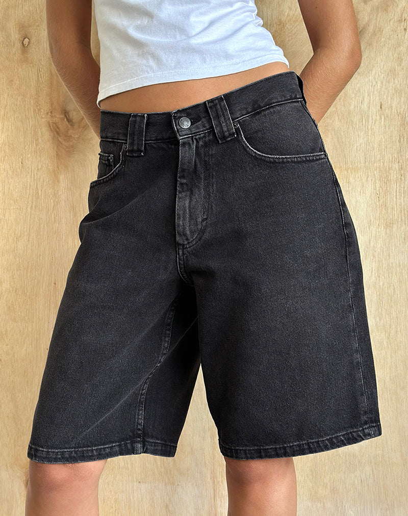 Low Rise Skater Shorts in Washed Black Grey Denim-Nico Sky