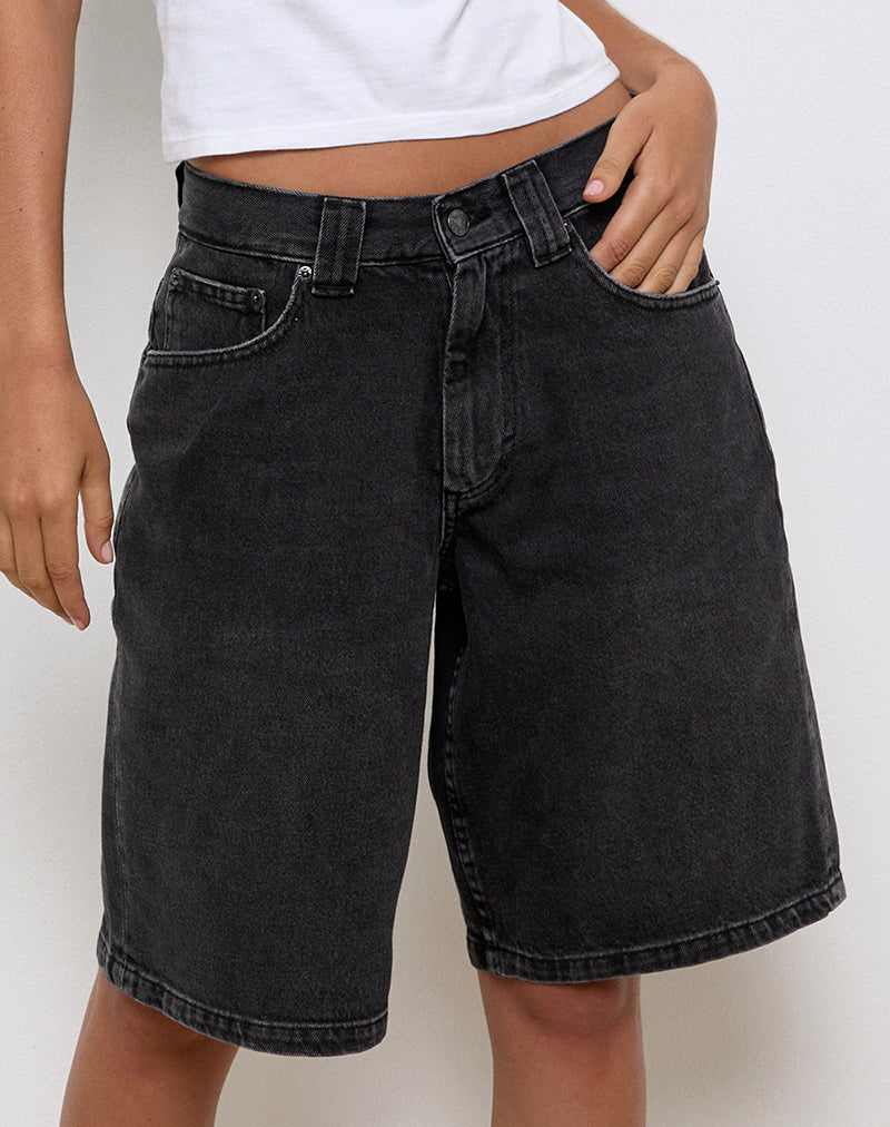 Low Rise Skater Shorts in Washed Black Grey Denim-Nico Sky