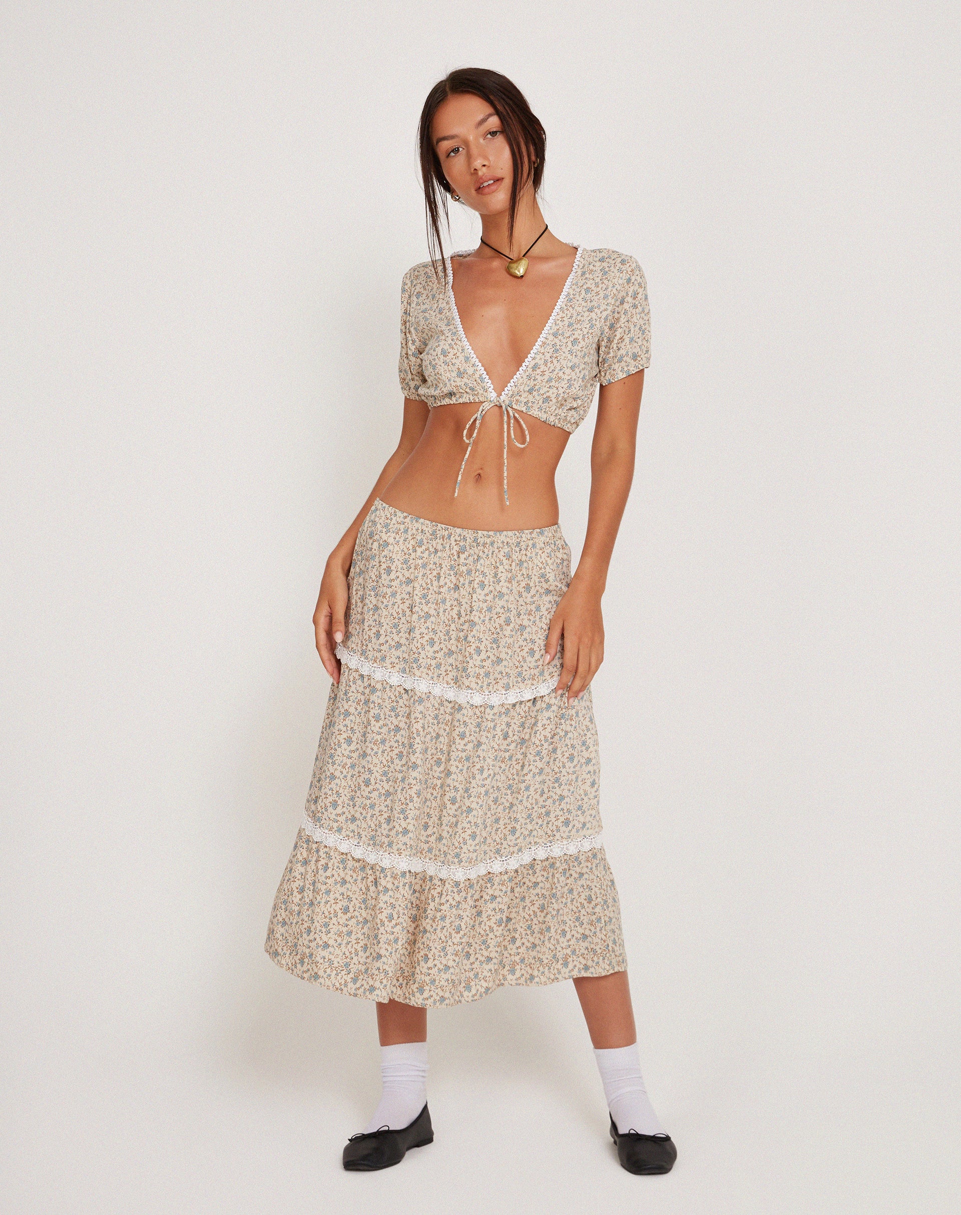 Skise Tie Front Crop Top in Antique Blue and Ivory Floral-Nico Sky