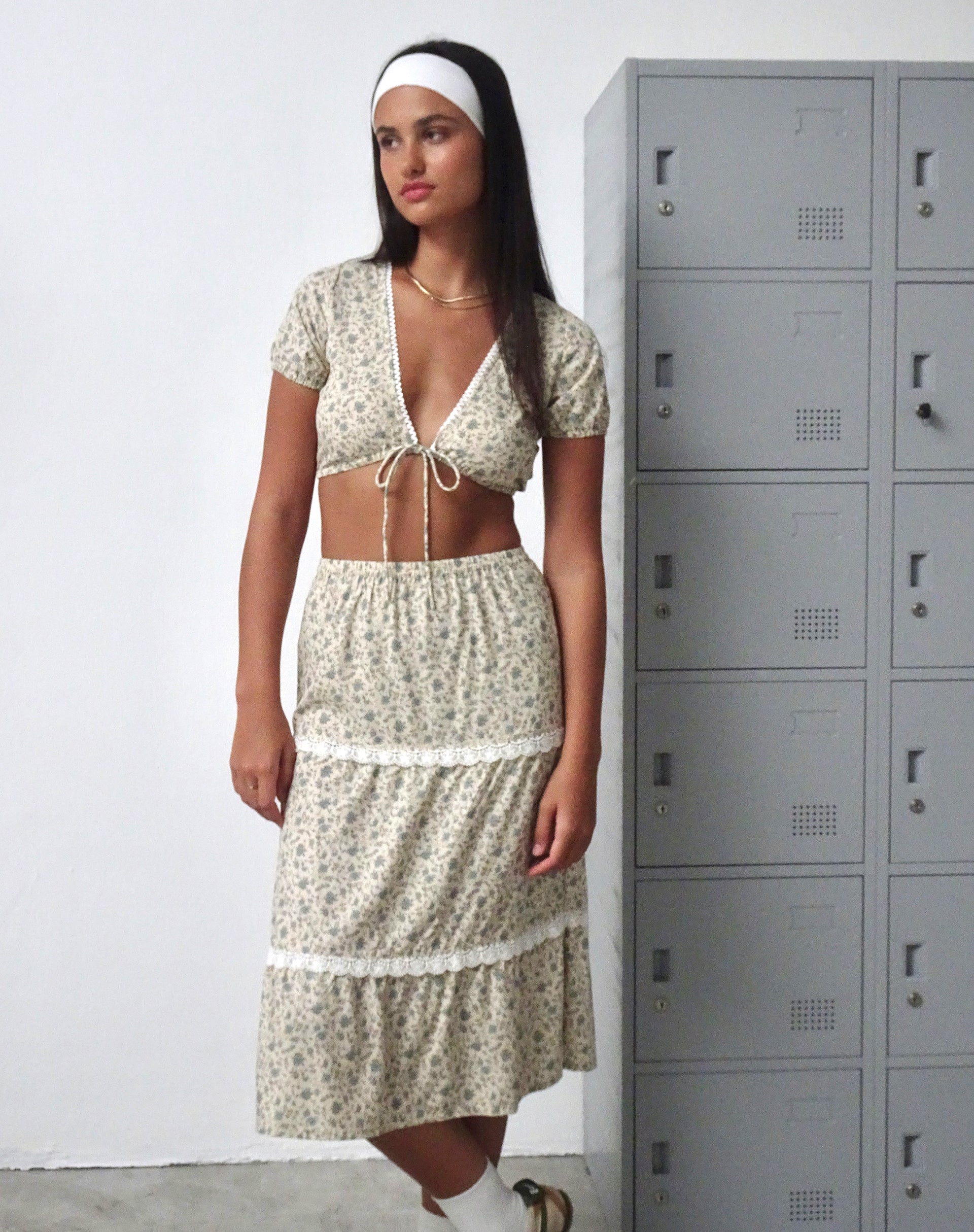 Maxce Low Rise Midi Skirt in Antique Blue and Ivory Floral-Nico Sky