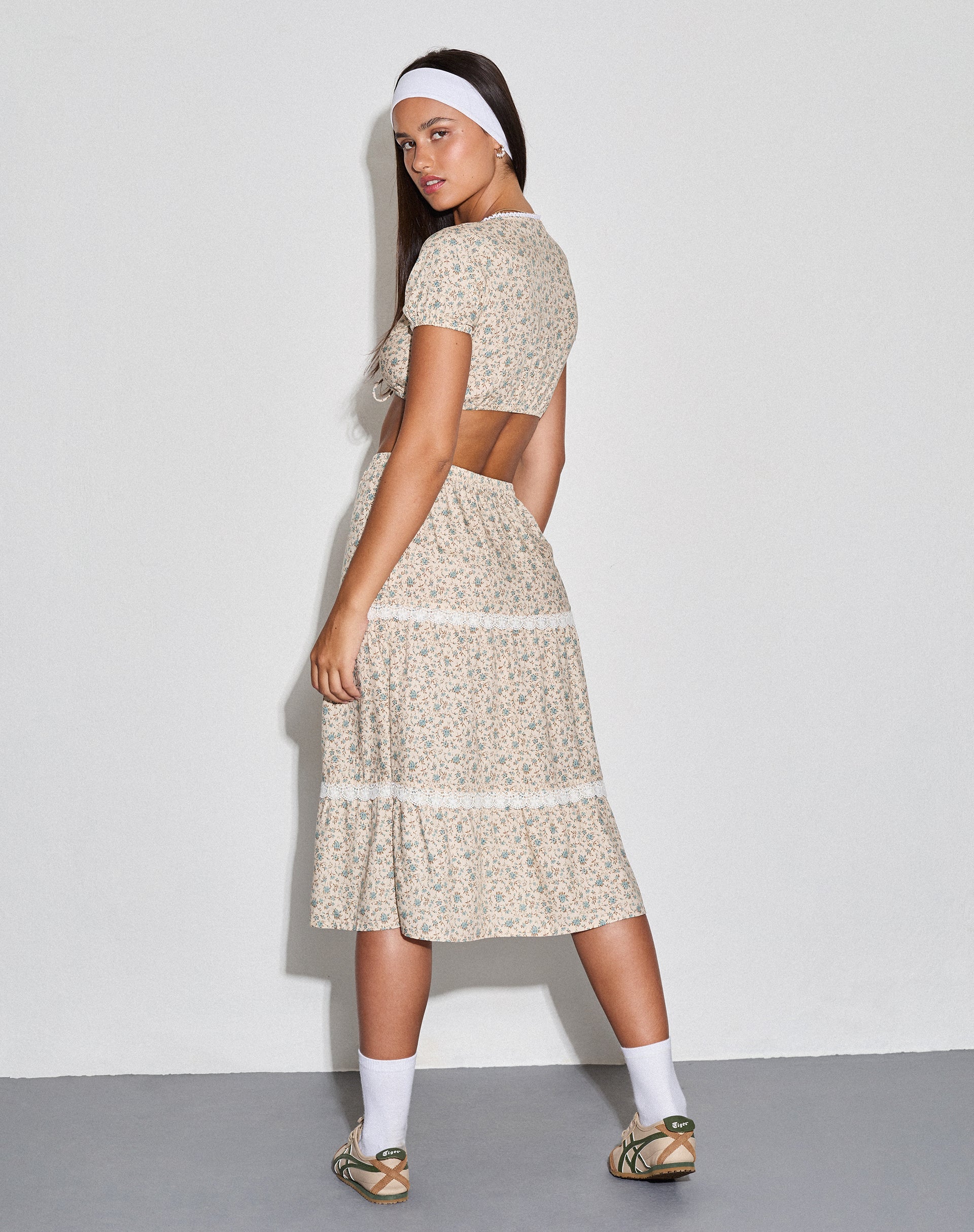 Maxce Low Rise Midi Skirt in Antique Blue and Ivory Floral-Nico Sky