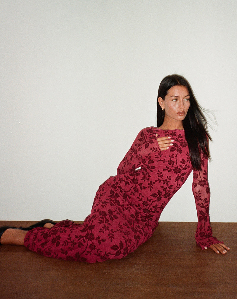 Slokya Long Sleeve Maxi Dress in Vine Floral Flock Cherry-Nico Sky