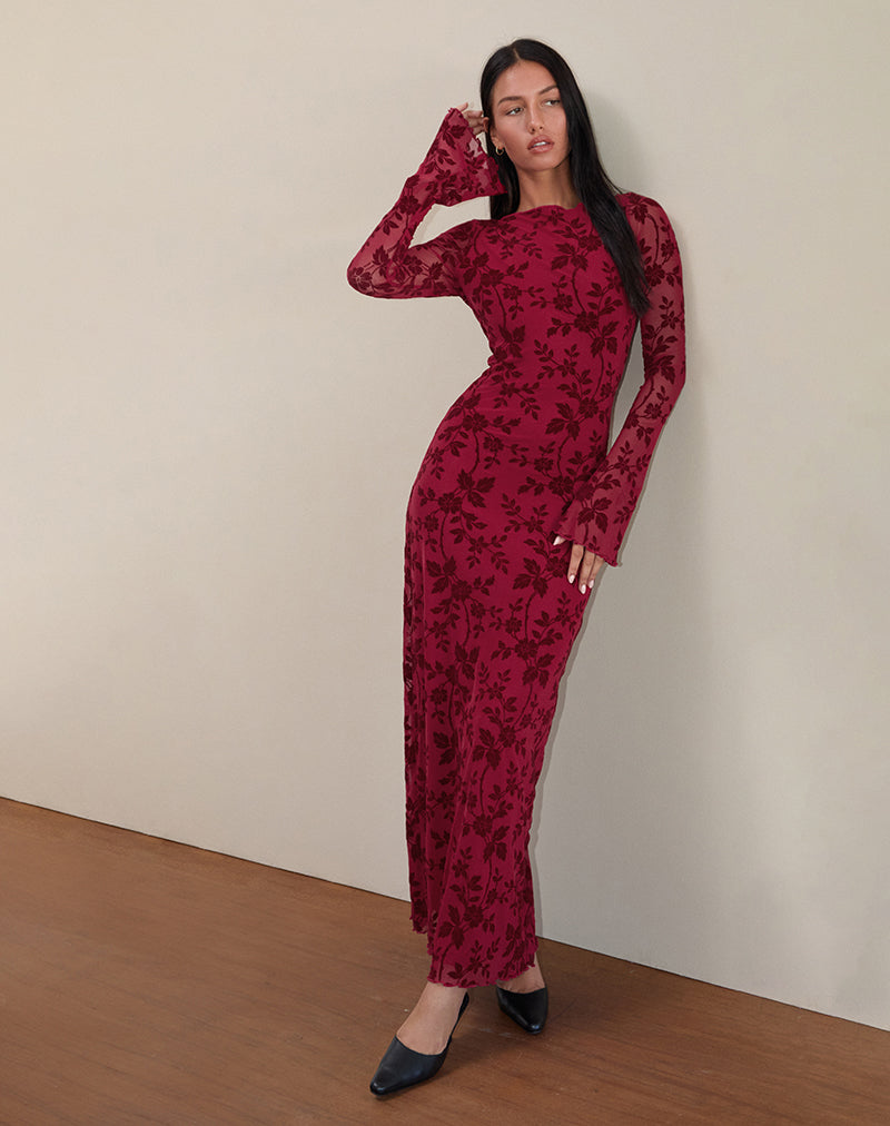 Slokya Long Sleeve Maxi Dress in Vine Floral Flock Cherry-Nico Sky