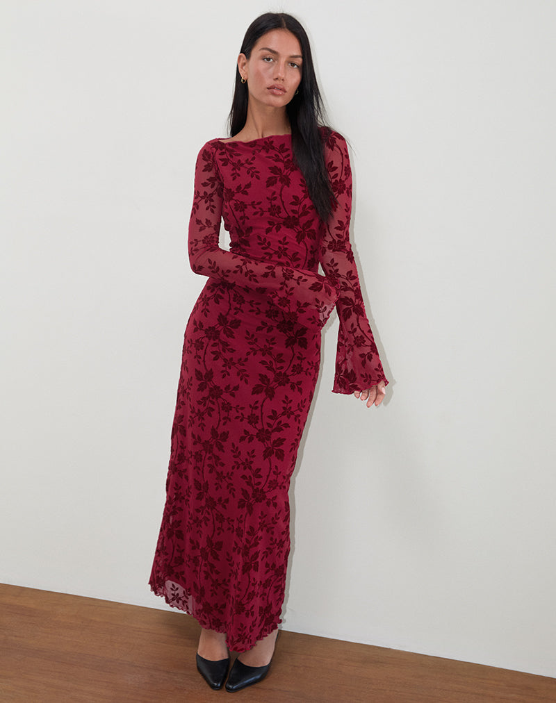 Slokya Long Sleeve Maxi Dress in Vine Floral Flock Cherry-Nico Sky
