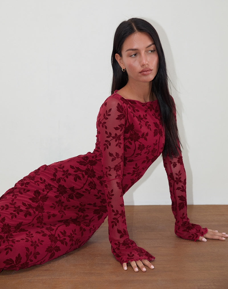 Slokya Long Sleeve Maxi Dress in Vine Floral Flock Cherry-Nico Sky