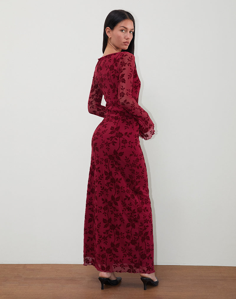 Slokya Long Sleeve Maxi Dress in Vine Floral Flock Cherry-Nico Sky