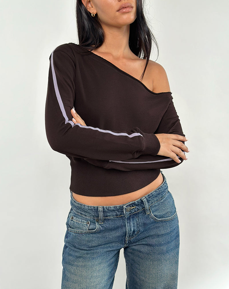 Sujana Asymmetric Sweatshirt in Bitter Chocolate with Violet Binding-Nico Sky