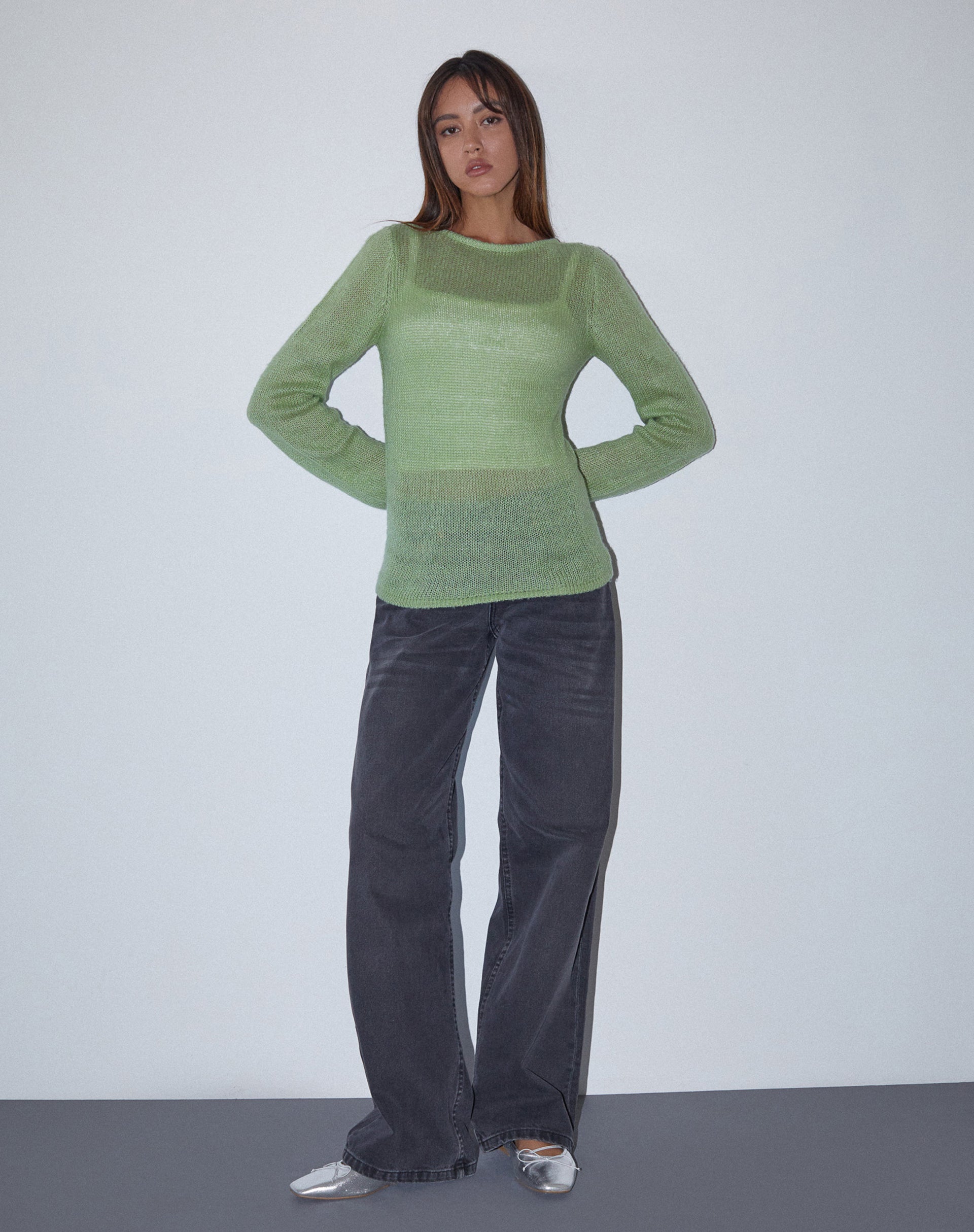 Sukana Long Sleeve Sheer-Knit Top in Light Green-Nico Sky