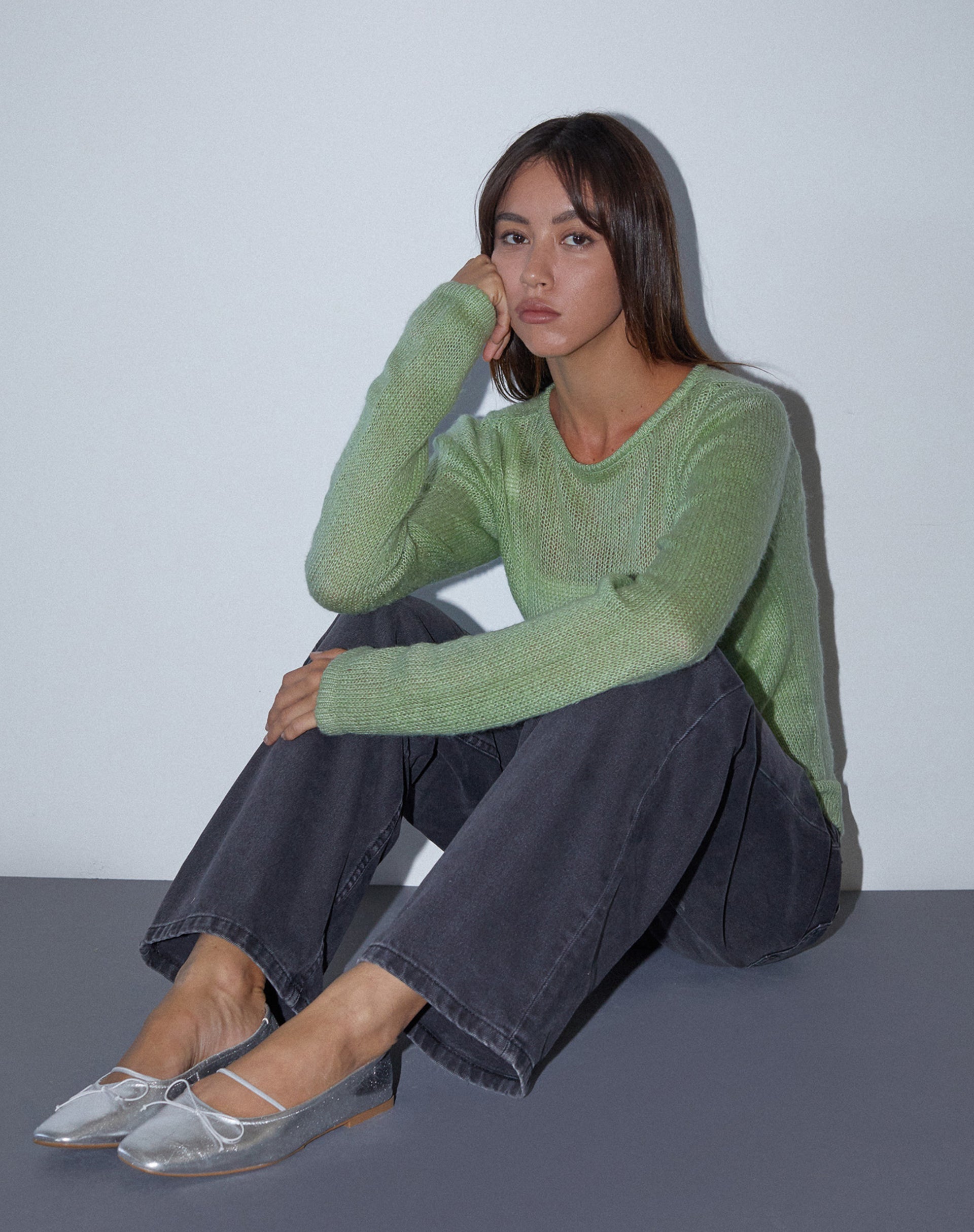 Sukana Long Sleeve Sheer-Knit Top in Light Green-Nico Sky