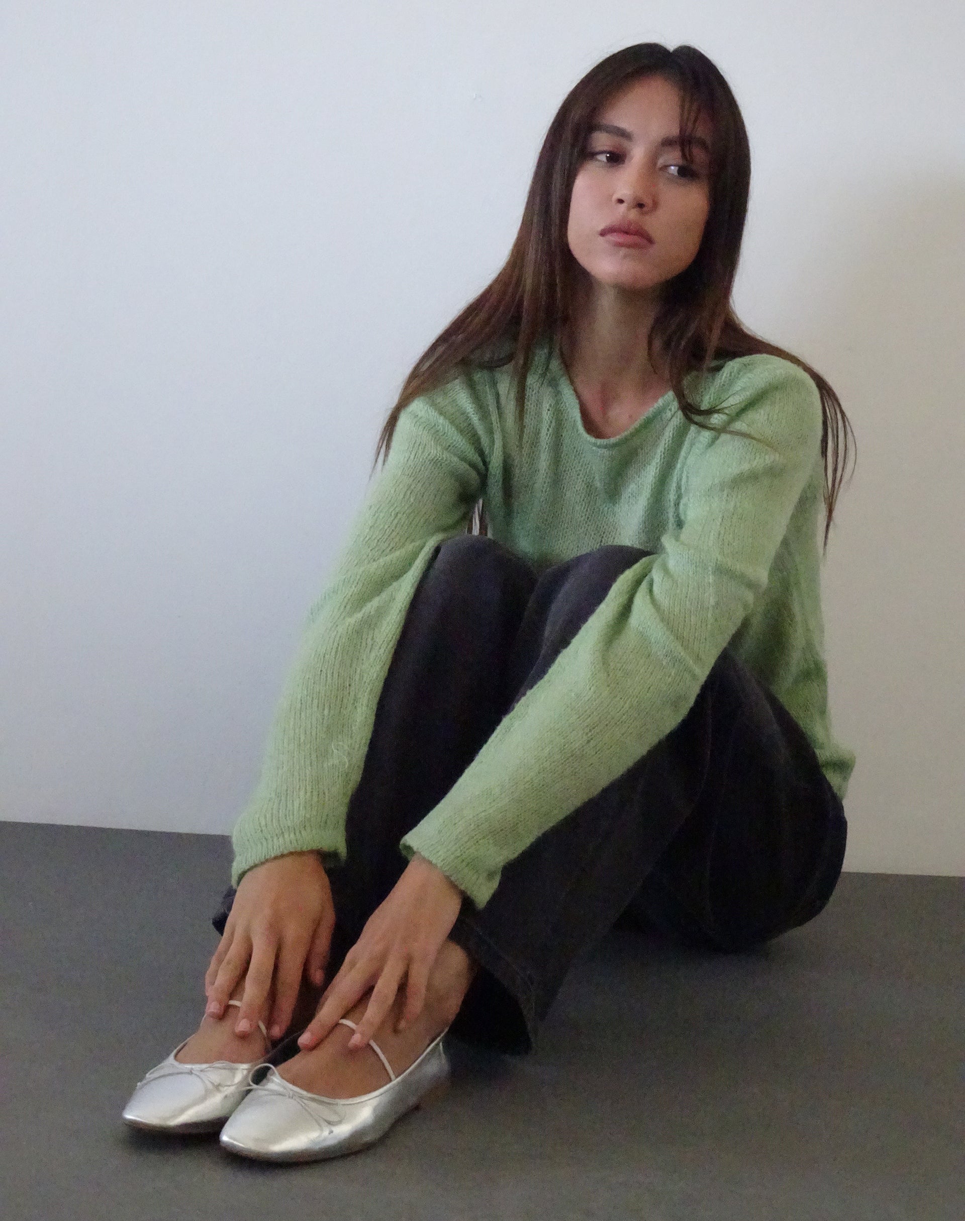 Sukana Long Sleeve Sheer-Knit Top in Light Green-Nico Sky