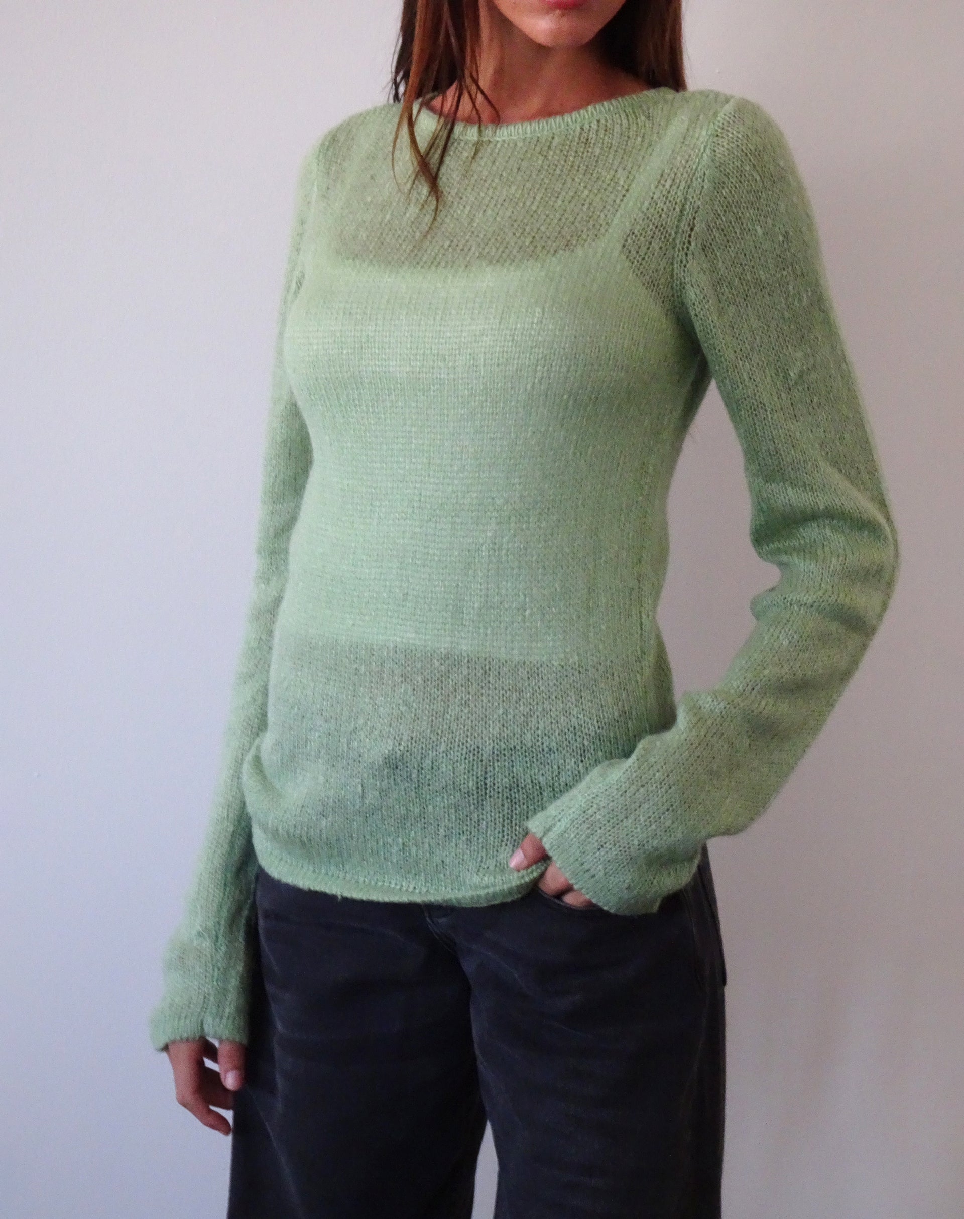 Sukana Long Sleeve Sheer-Knit Top in Light Green-Nico Sky