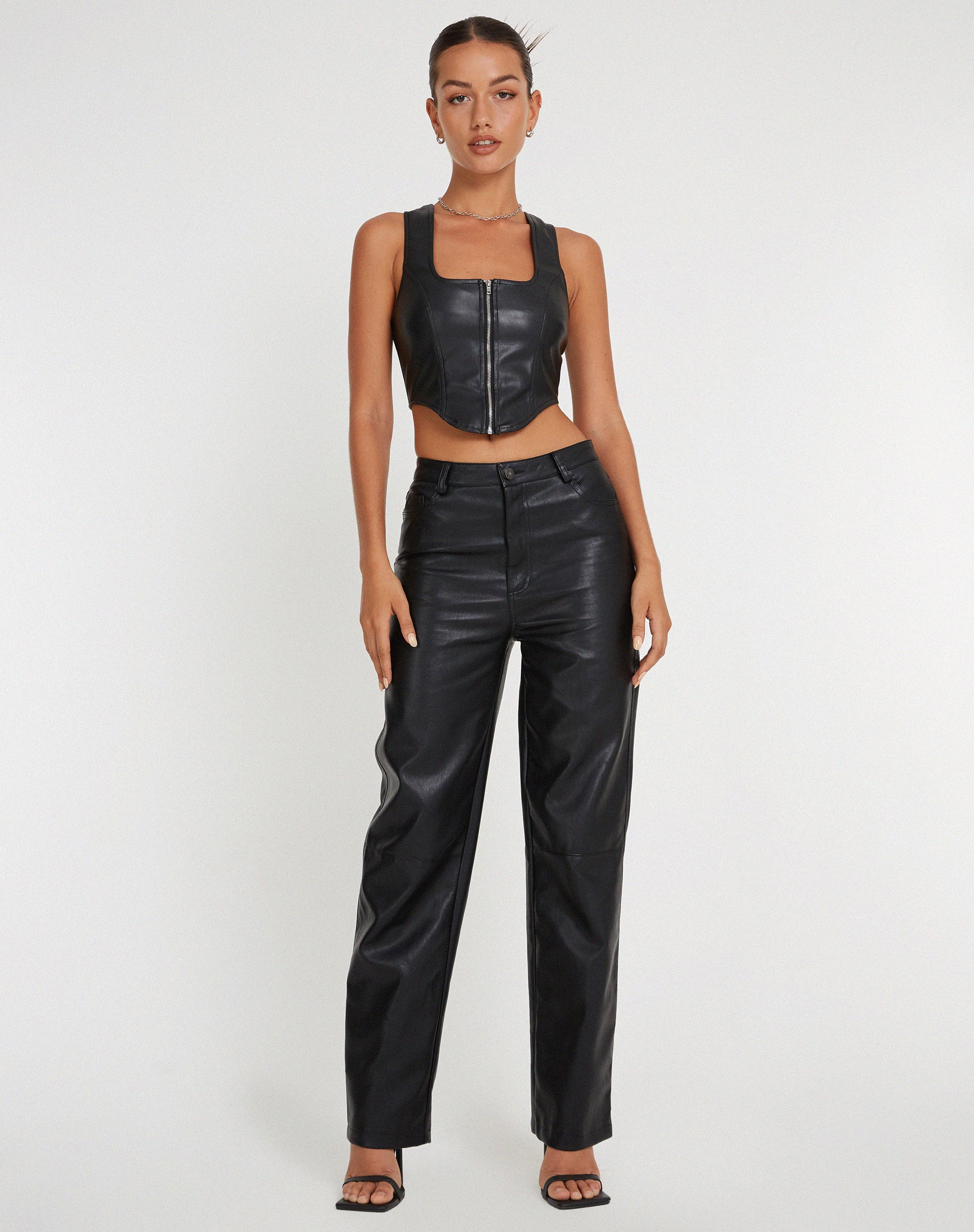 Zova Wide Leg Trouser in Pu Black-Nico Sky