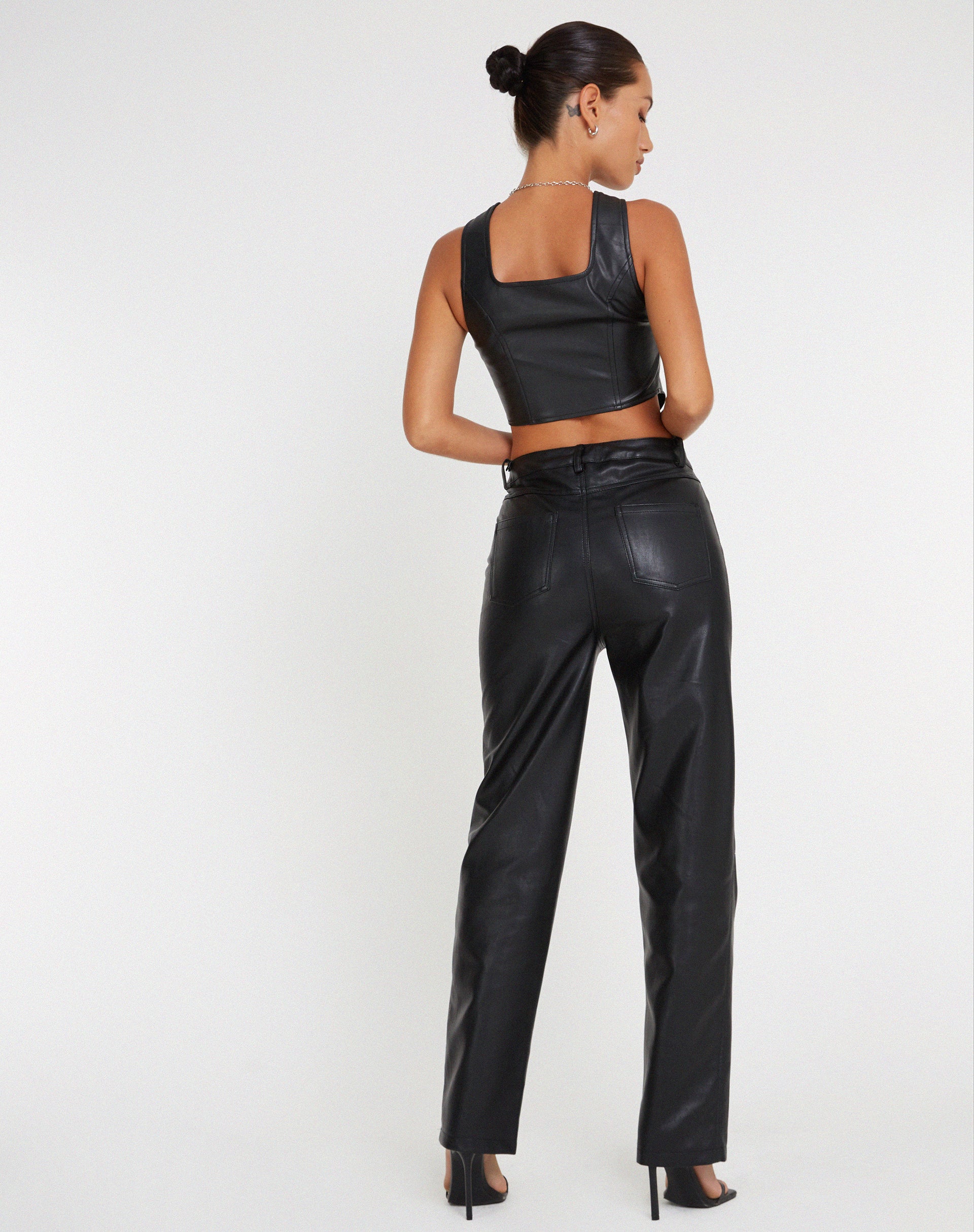 Zova Wide Leg Trouser in Pu Black-Nico Sky