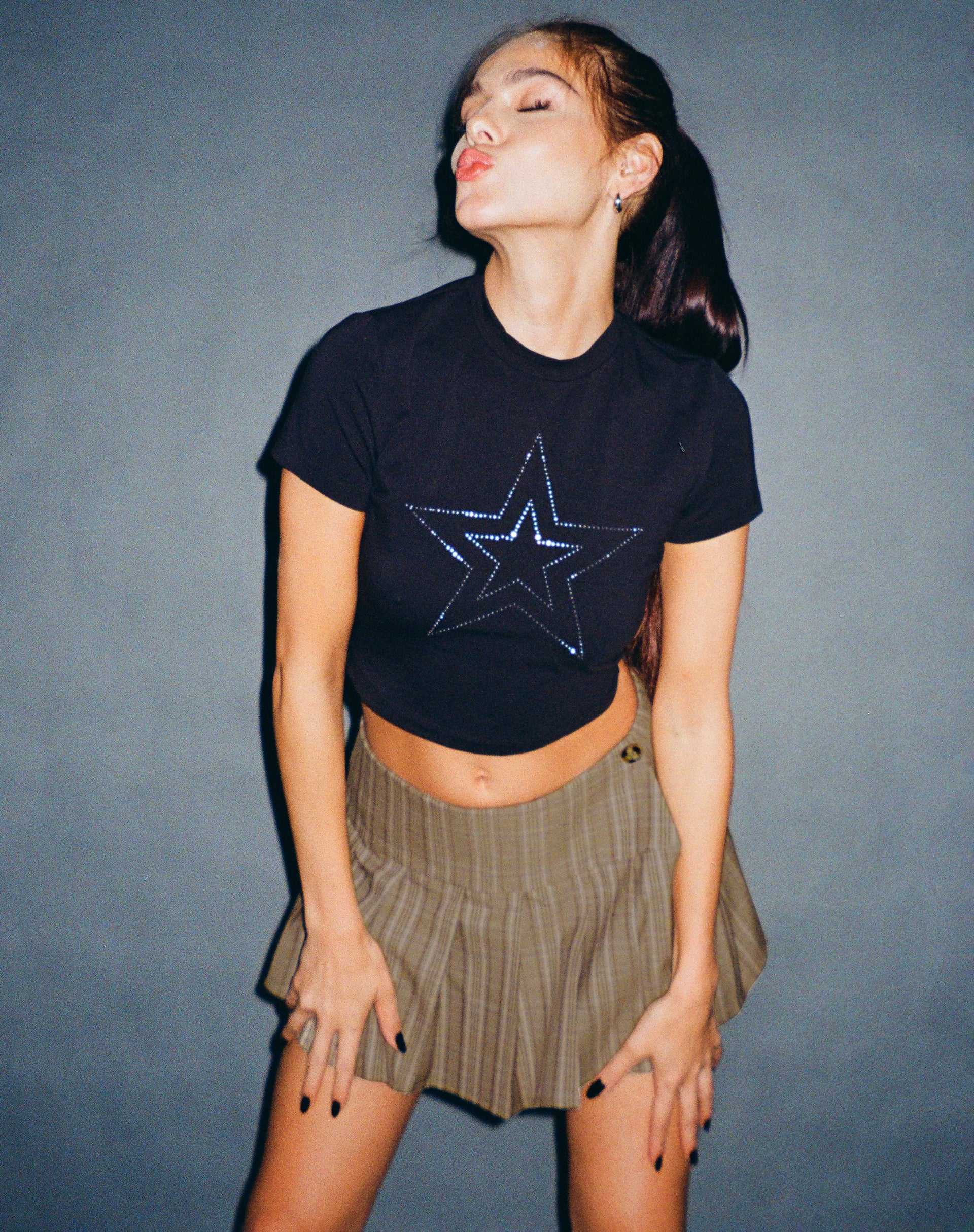 Surtila Crop Top in Black Star Hotfix Diamante-Nico Sky