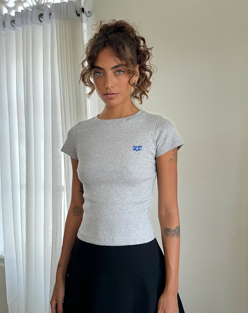 Suti Tee in Grey Marl with Cobalt Blue Bow Embroidery-Nico Sky