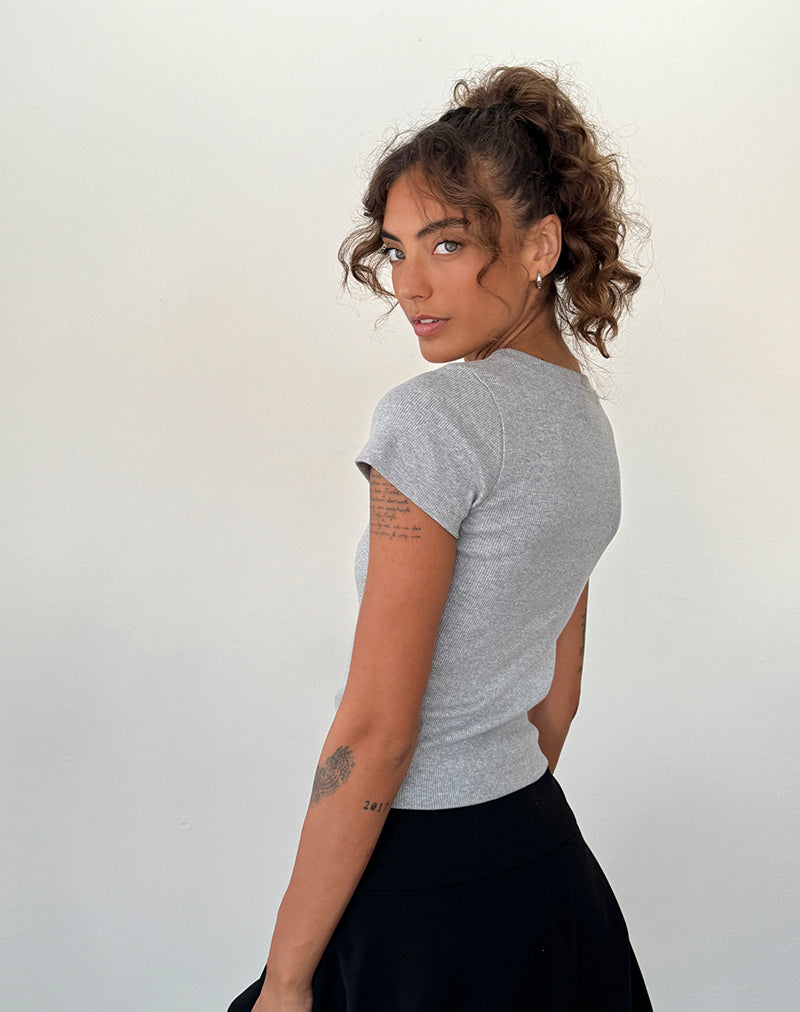 Suti Tee in Grey Marl with Cobalt Blue Bow Embroidery-Nico Sky