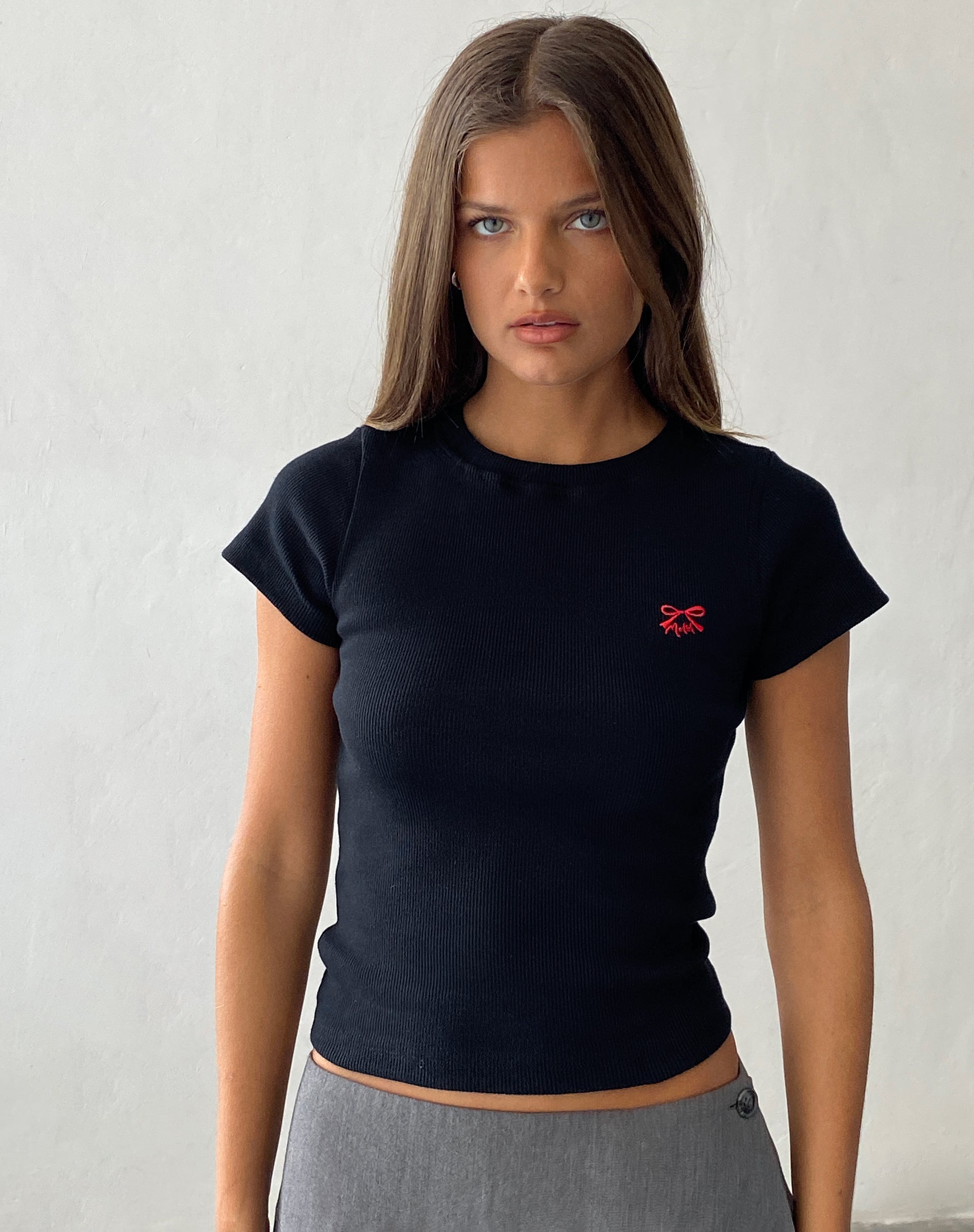 Suti Ribbed Baby Tee in Black with Red Bow M Embroidery-Nico Sky