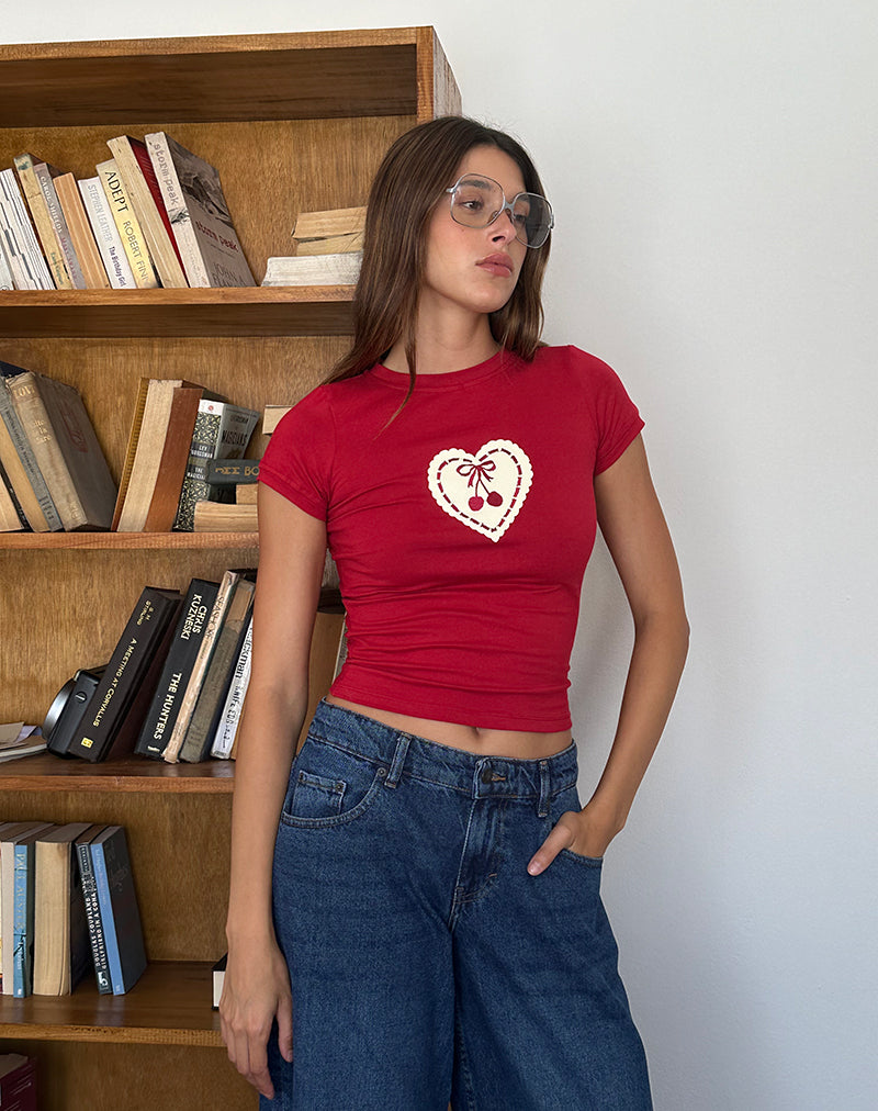 Sutin Baby Tee in Adrenaline Red with Embroidered Cherry Heart-Nico Sky