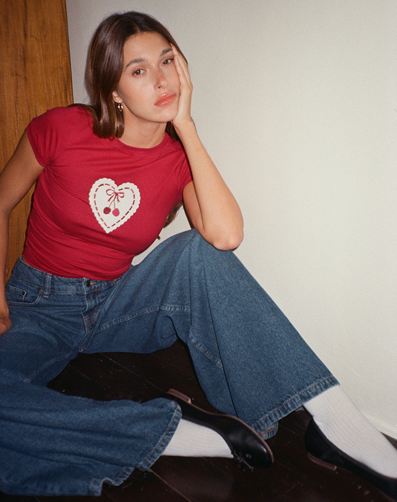 Sutin Baby Tee in Adrenaline Red with Embroidered Cherry Heart-Nico Sky