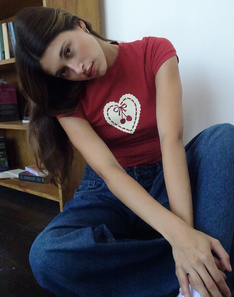 Sutin Baby Tee in Adrenaline Red with Embroidered Cherry Heart-Nico Sky