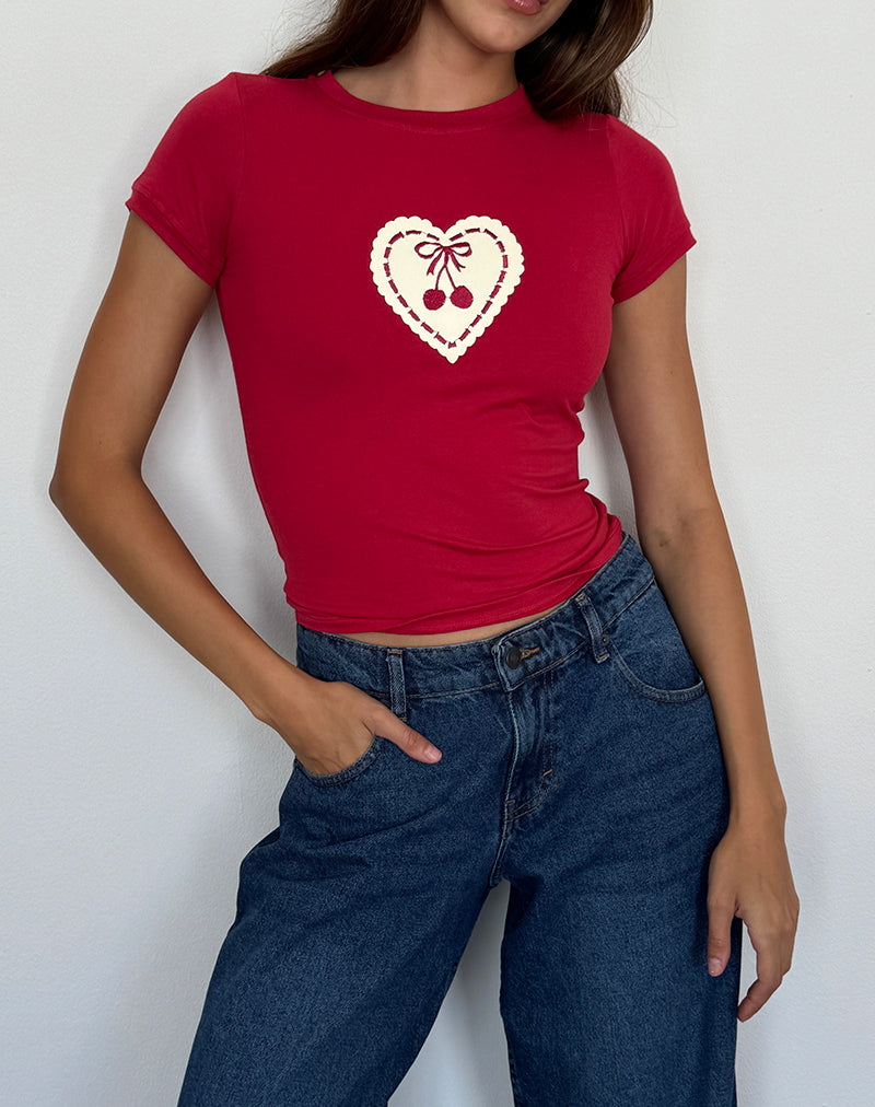 Sutin Baby Tee in Adrenaline Red with Embroidered Cherry Heart-Nico Sky