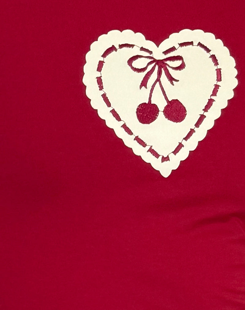 Sutin Baby Tee in Adrenaline Red with Embroidered Cherry Heart-Nico Sky