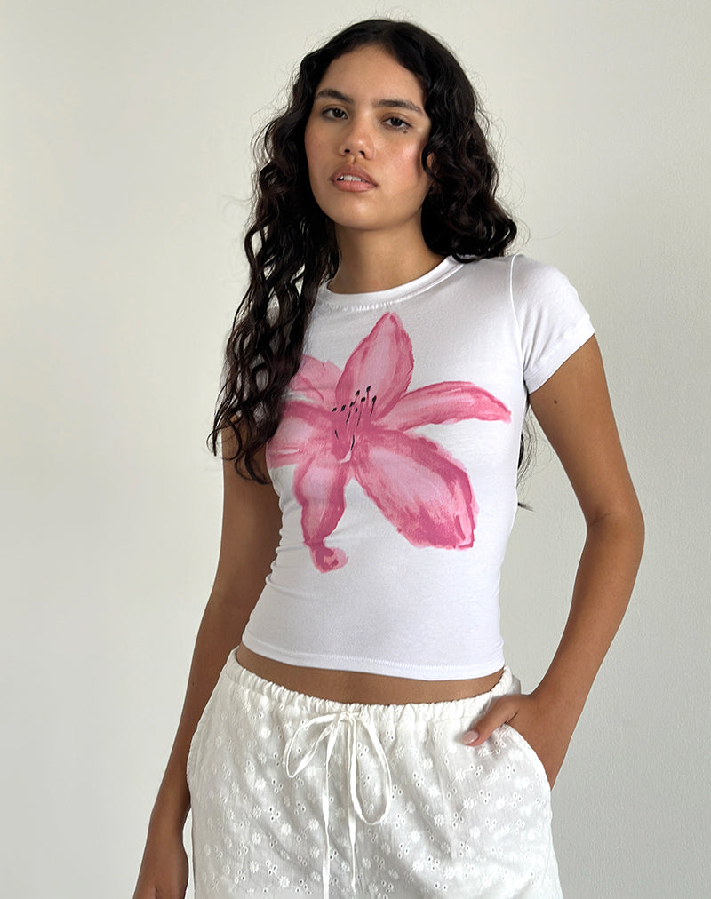Sutin Tee in White with Painted Flower Pink-Nico Sky