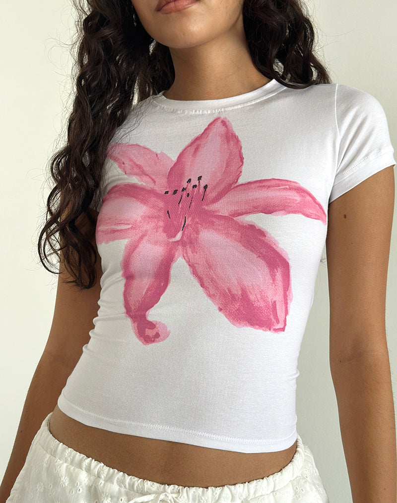 Sutin Tee in White with Painted Flower Pink-Nico Sky
