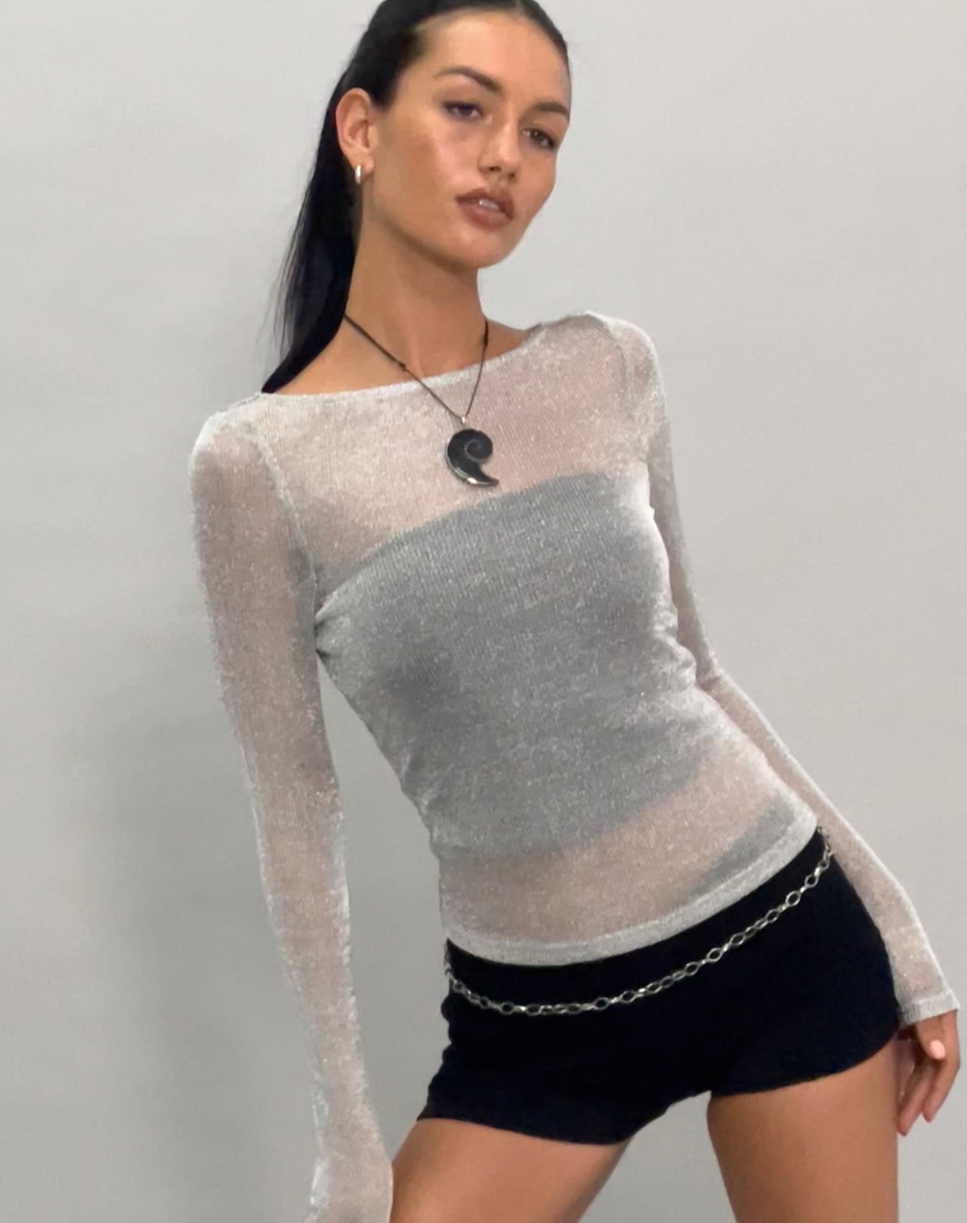Suzette Long Sleeve Top in Silver Chain-Nico Sky