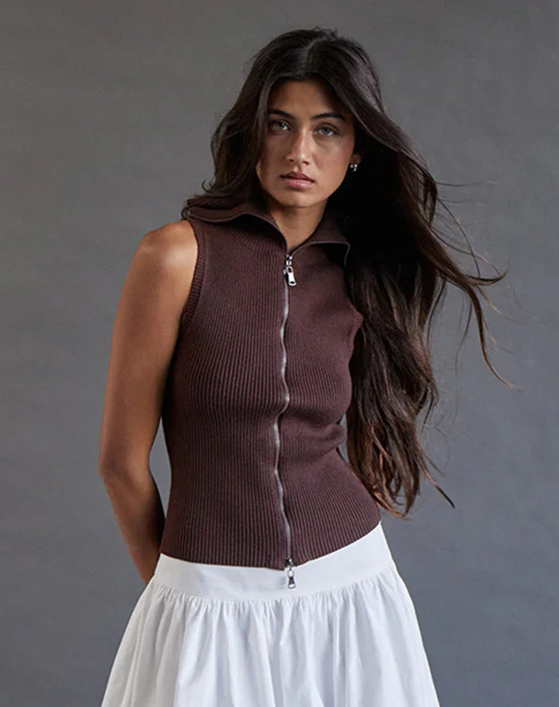 Tarni Highneck Fold Over Tank Top in Brown-Nico Sky