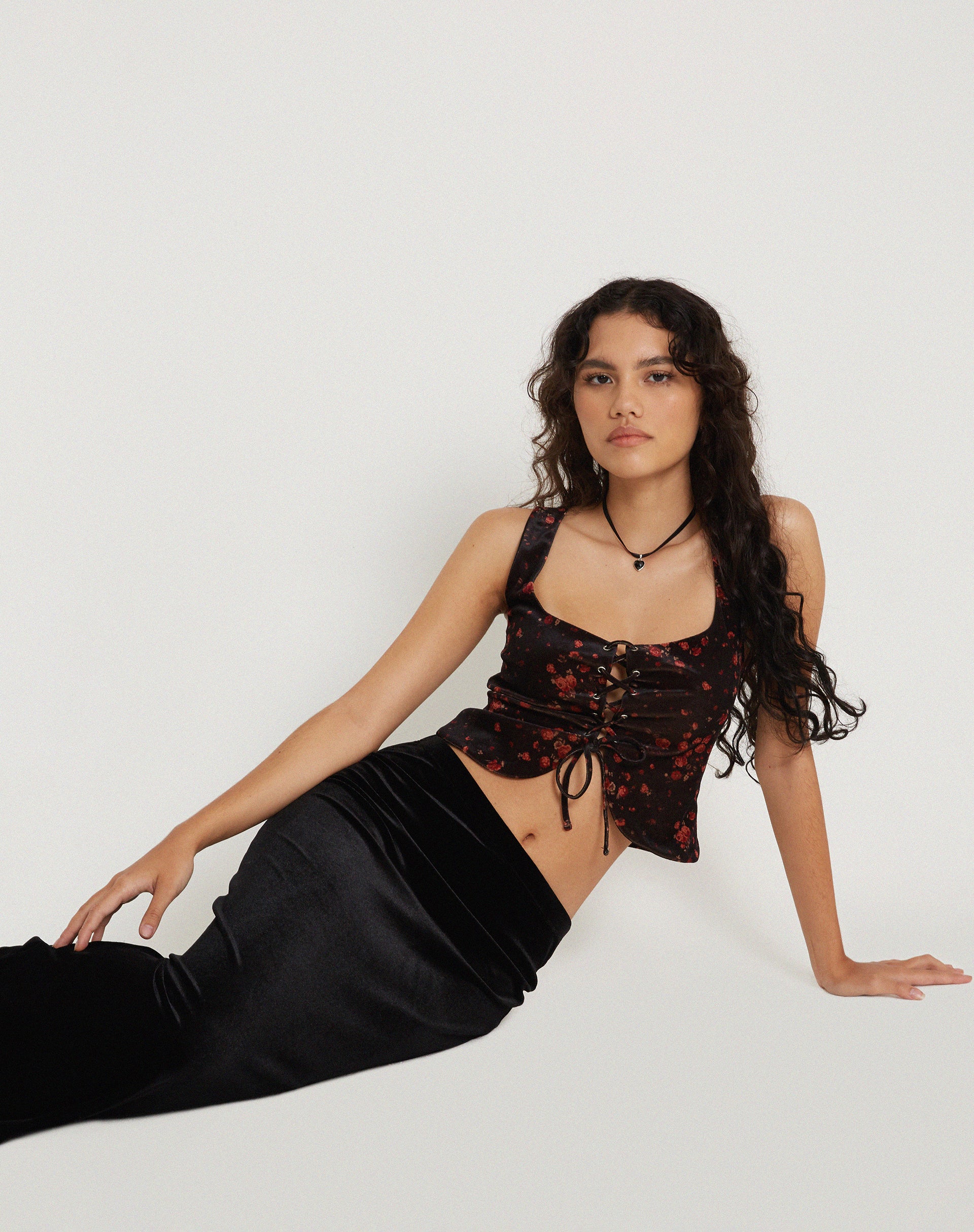 Taula Cropped Corset Top in Rose Cluster Velvet-Nico Sky