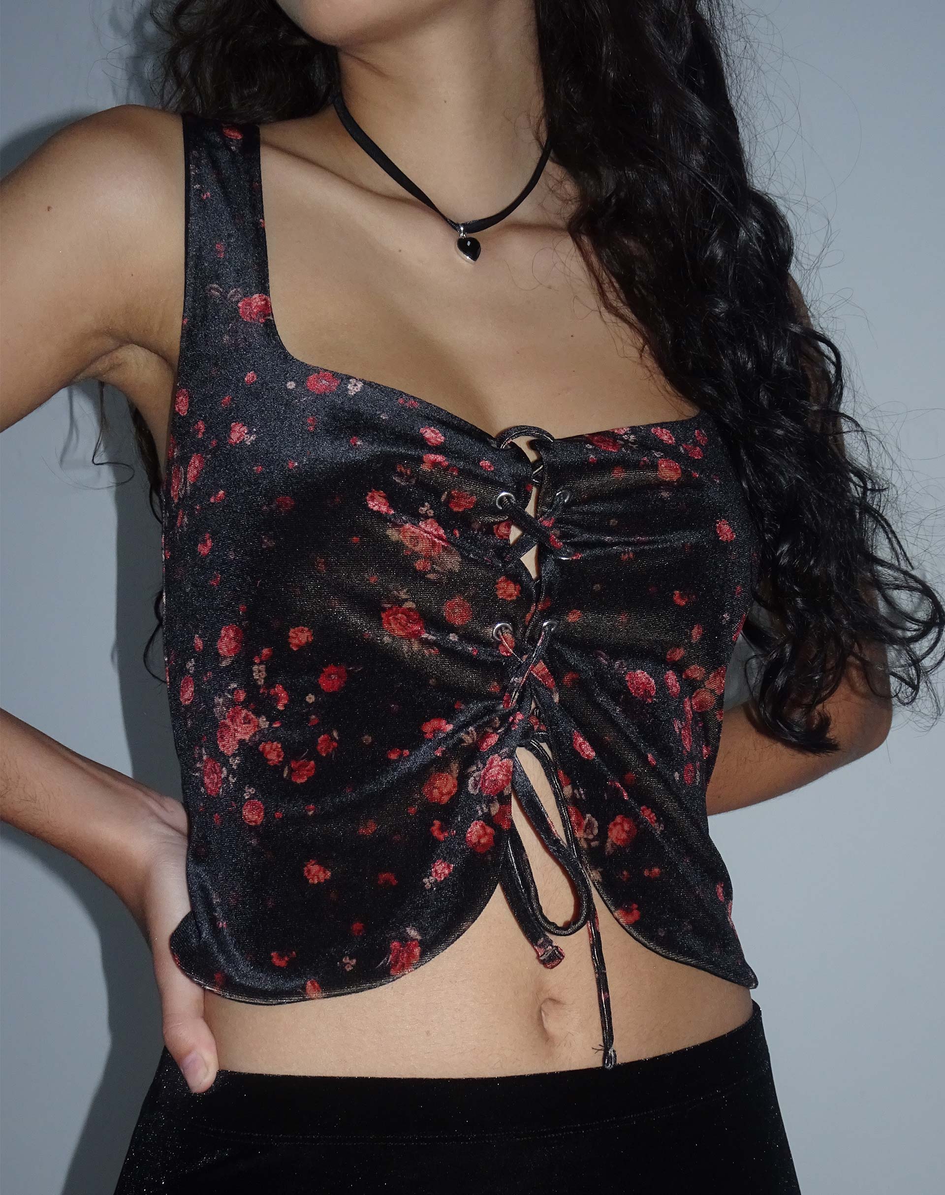 Taula Cropped Corset Top in Rose Cluster Velvet-Nico Sky