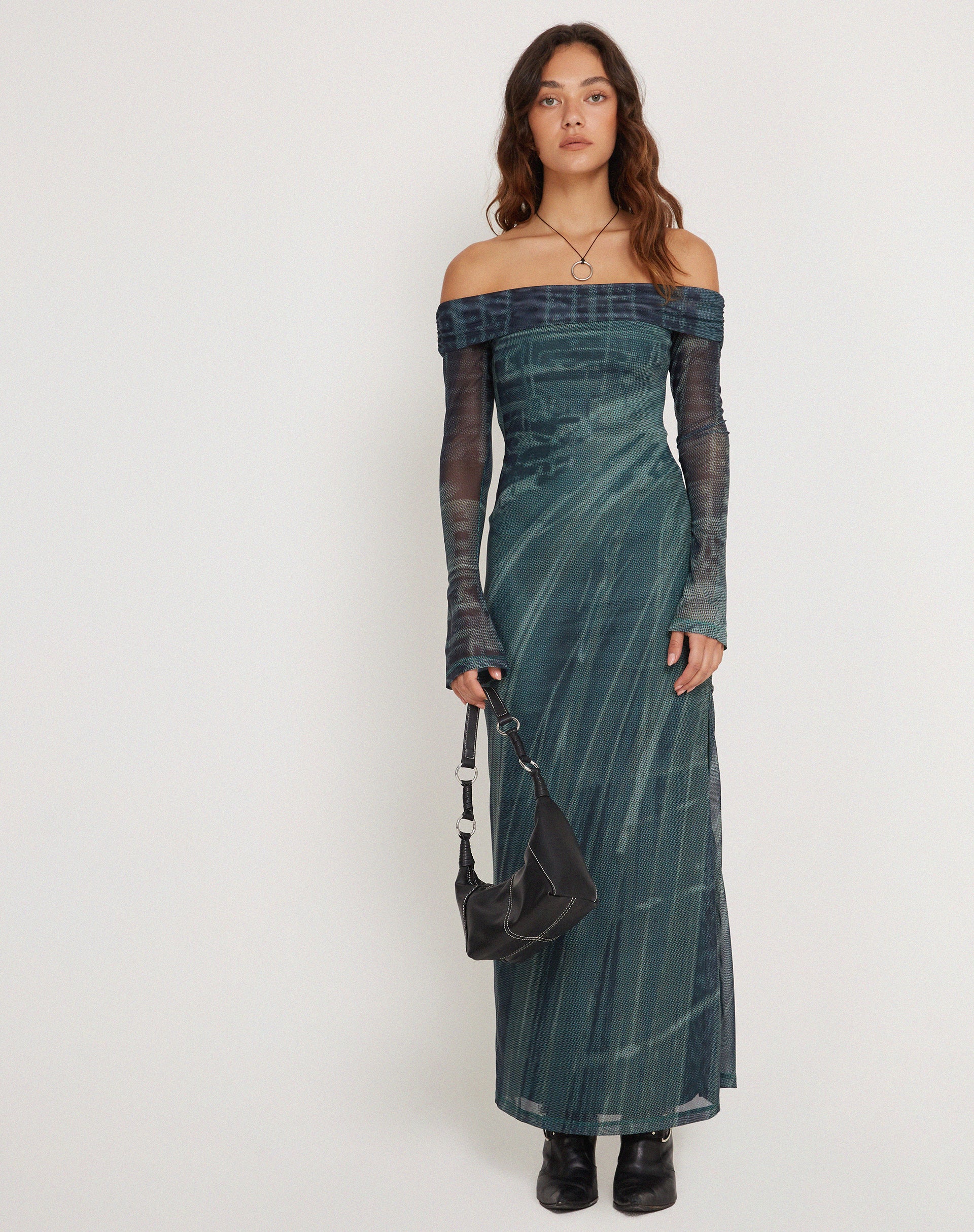 Terra Bardot Midi Dress in Cityscape Green-Nico Sky