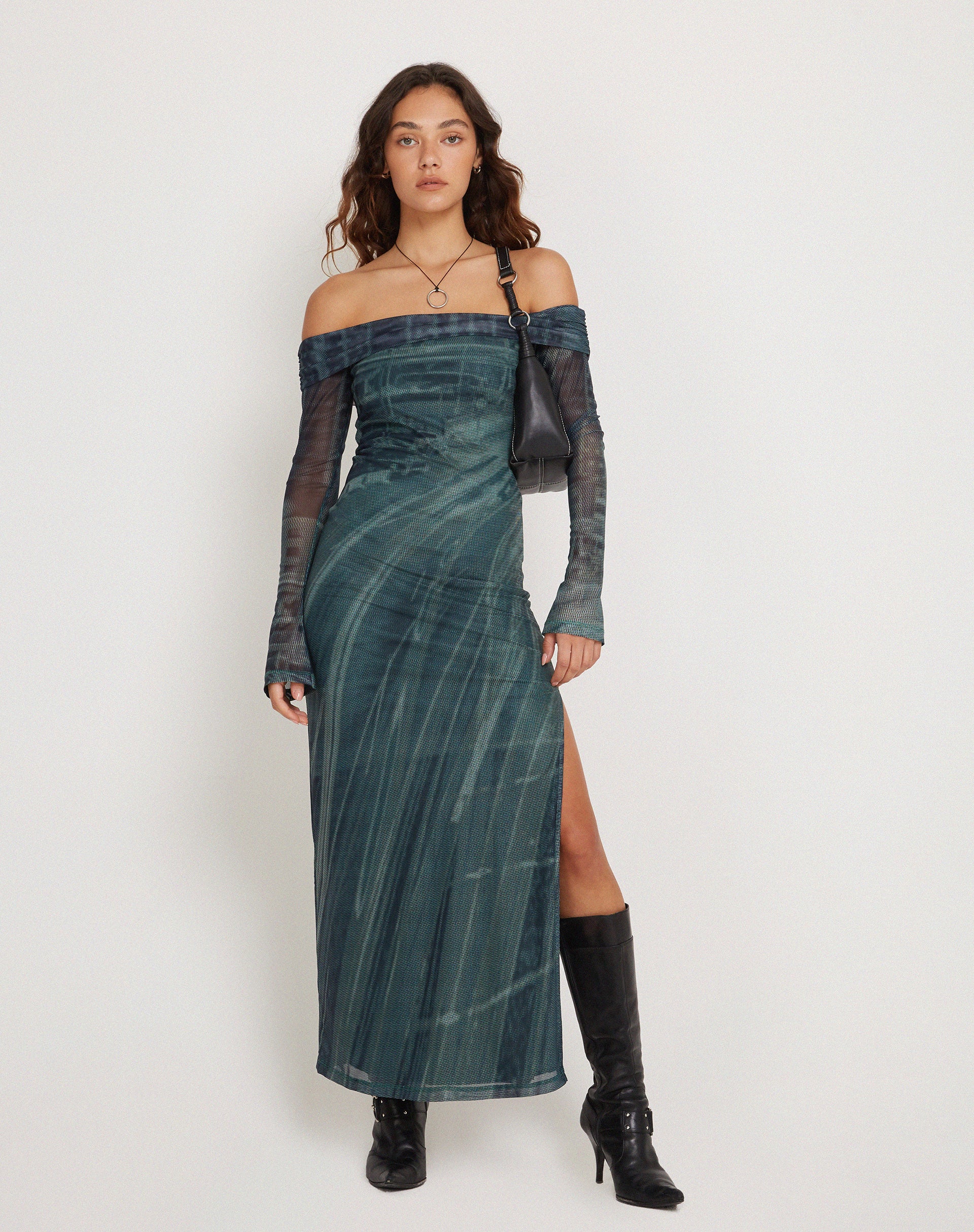 Terra Bardot Midi Dress in Cityscape Green-Nico Sky