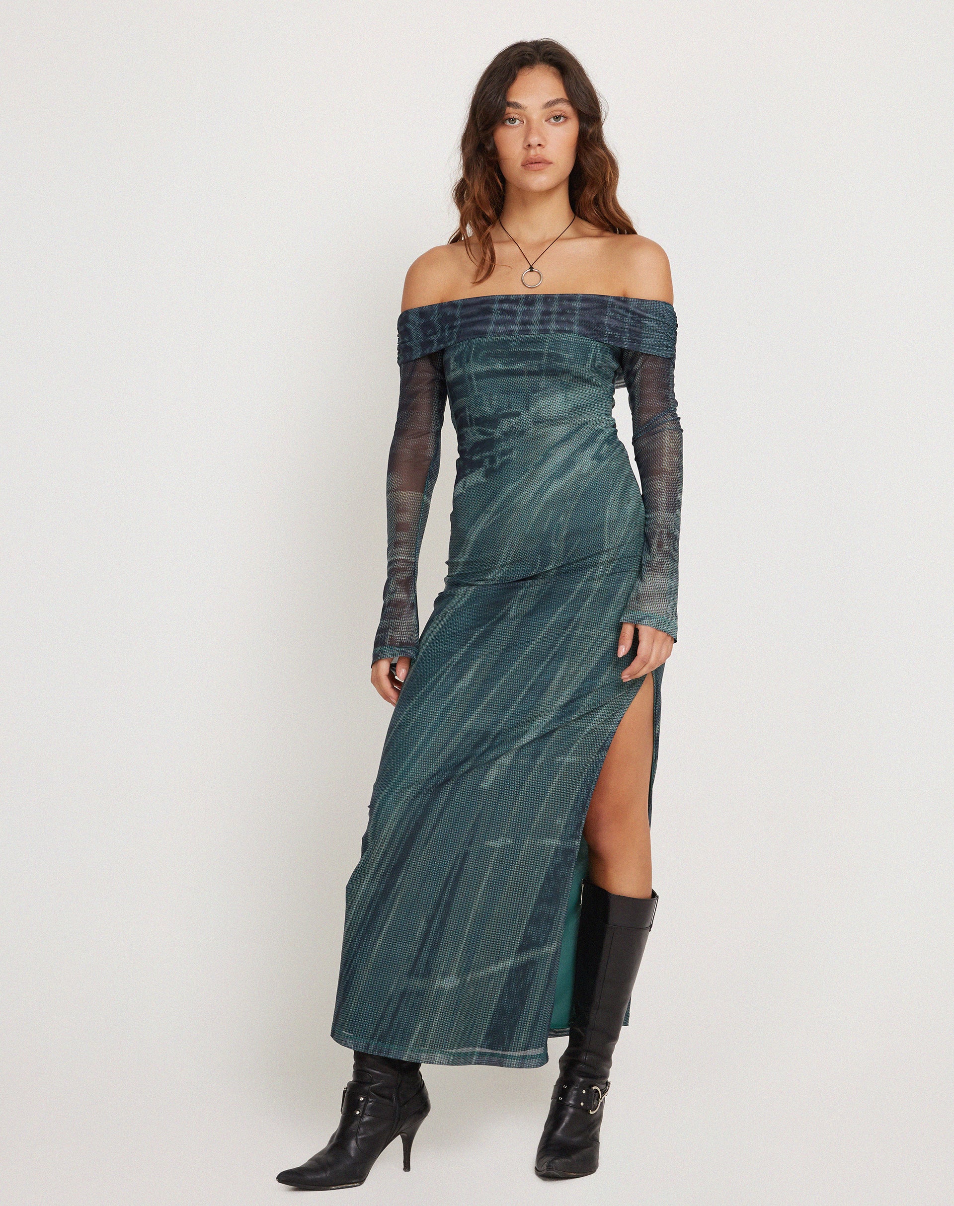 Terra Bardot Midi Dress in Cityscape Green-Nico Sky