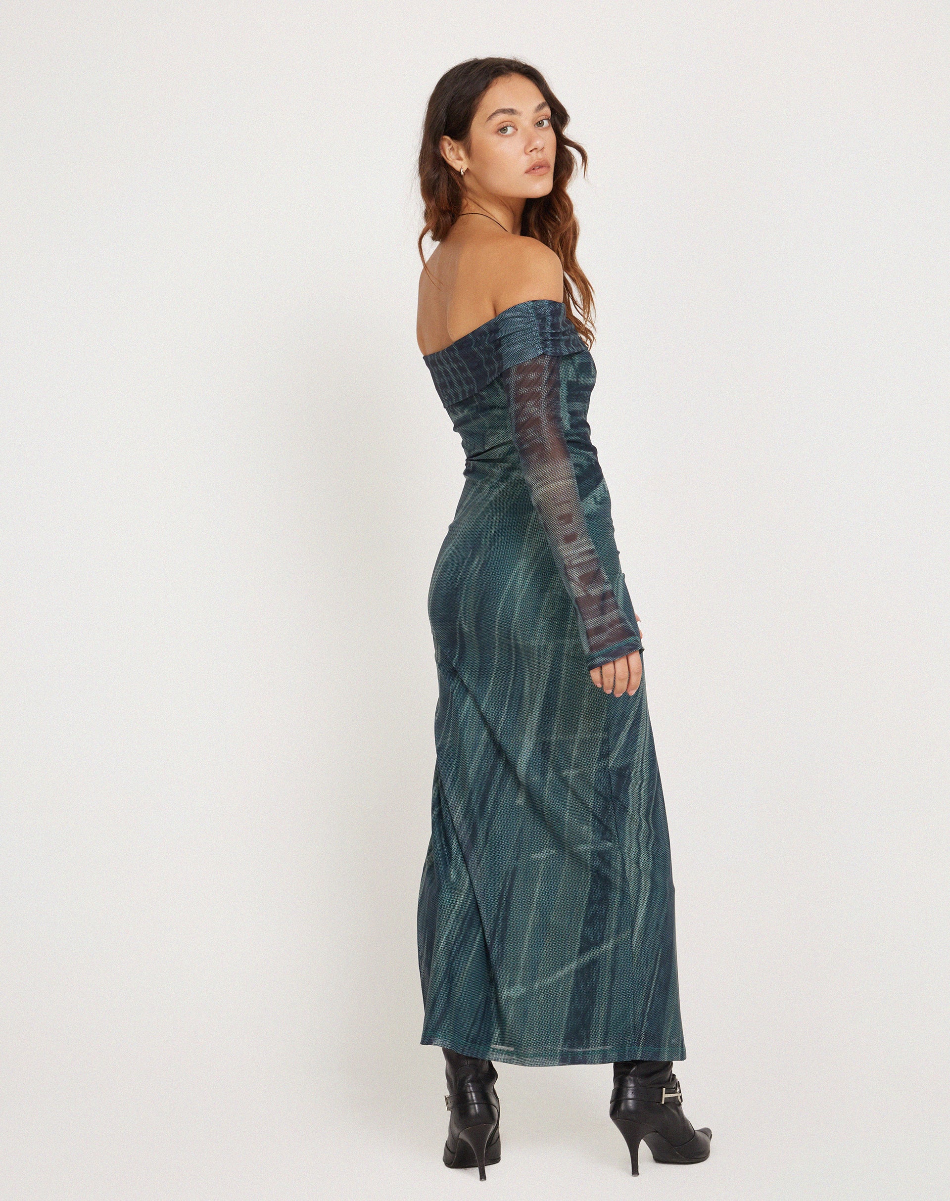 Terra Bardot Midi Dress in Cityscape Green-Nico Sky