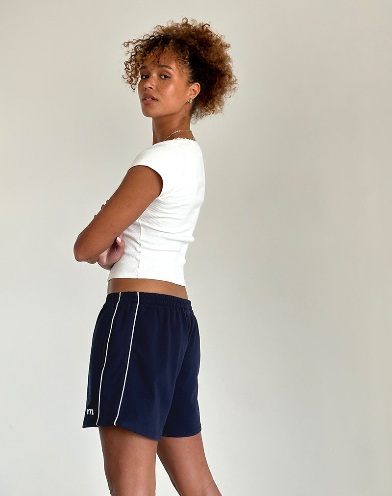 Thera Short in Navy with White Piping with M Emb-Nico Sky