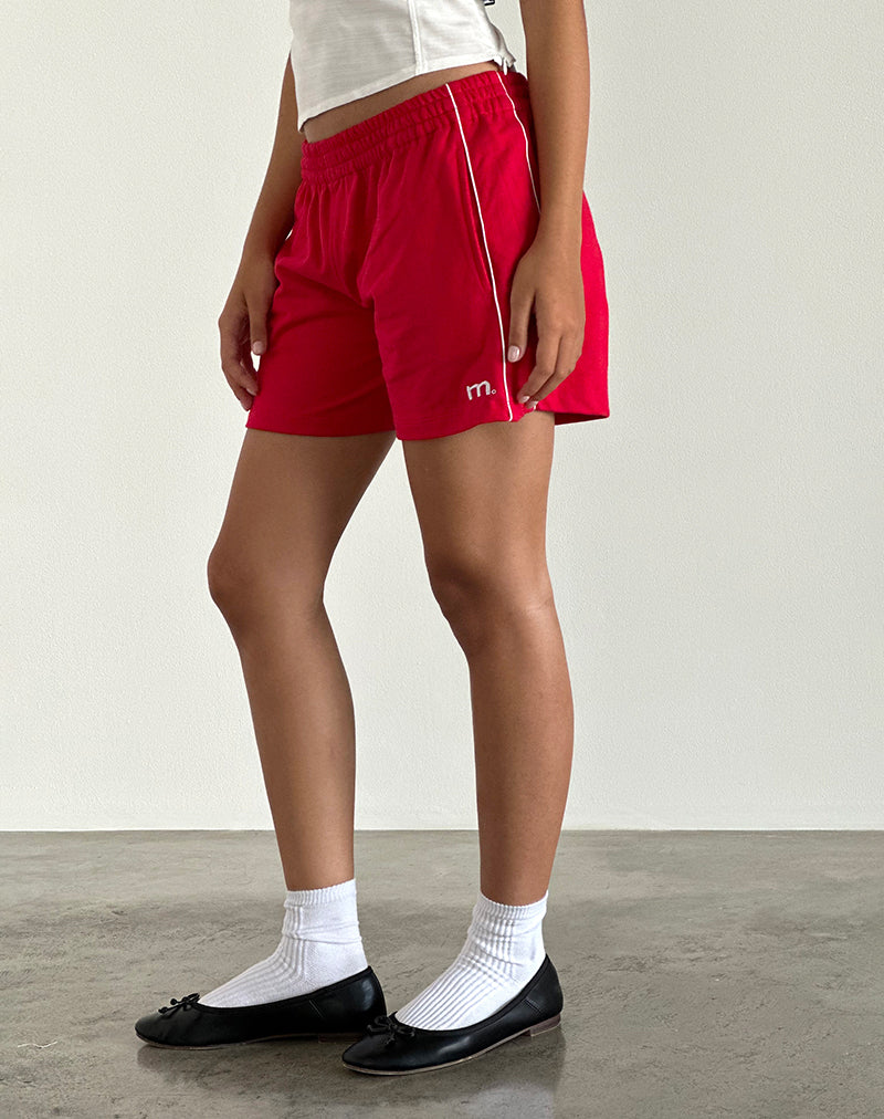 Thera Shorts in Tango Red with Off White Piping and M Emb-Nico Sky