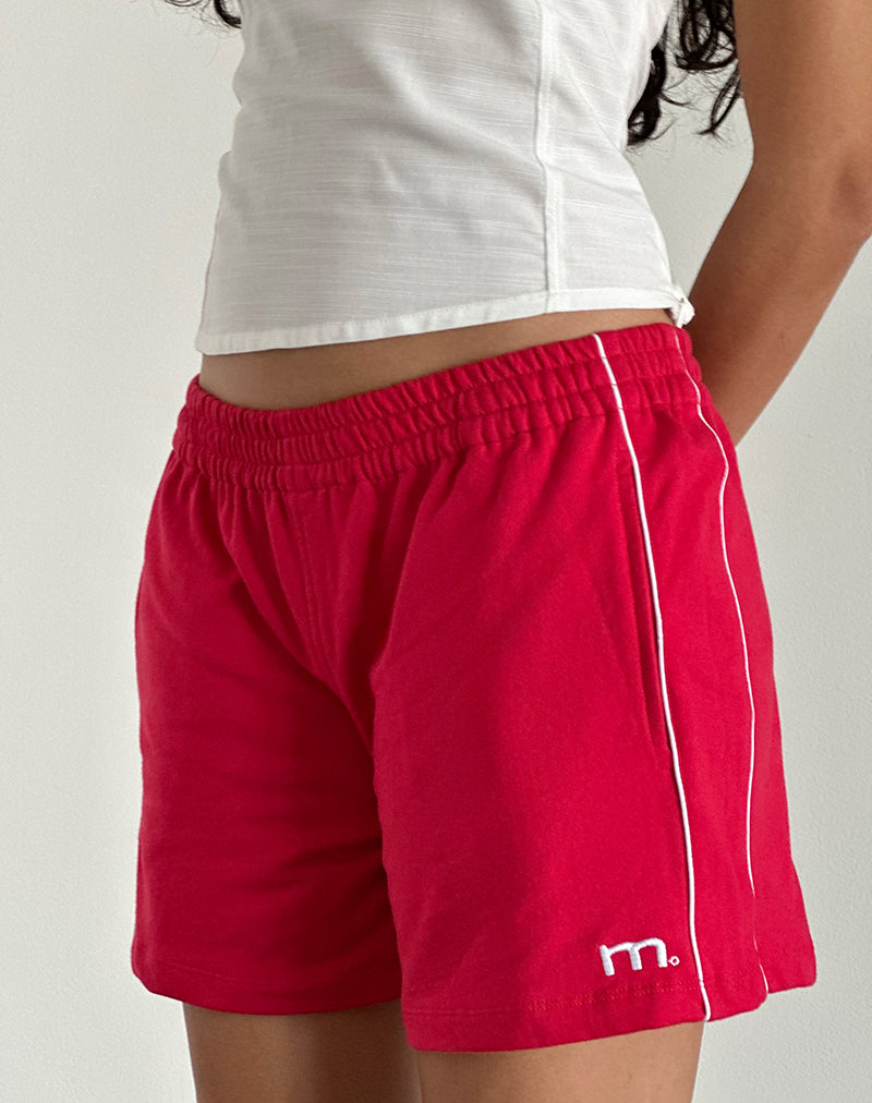 Thera Shorts in Tango Red with Off White Piping and M Emb-Nico Sky