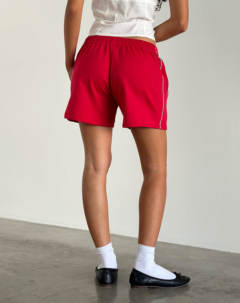Thera Shorts in Tango Red with Off White Piping and M Emb-Nico Sky