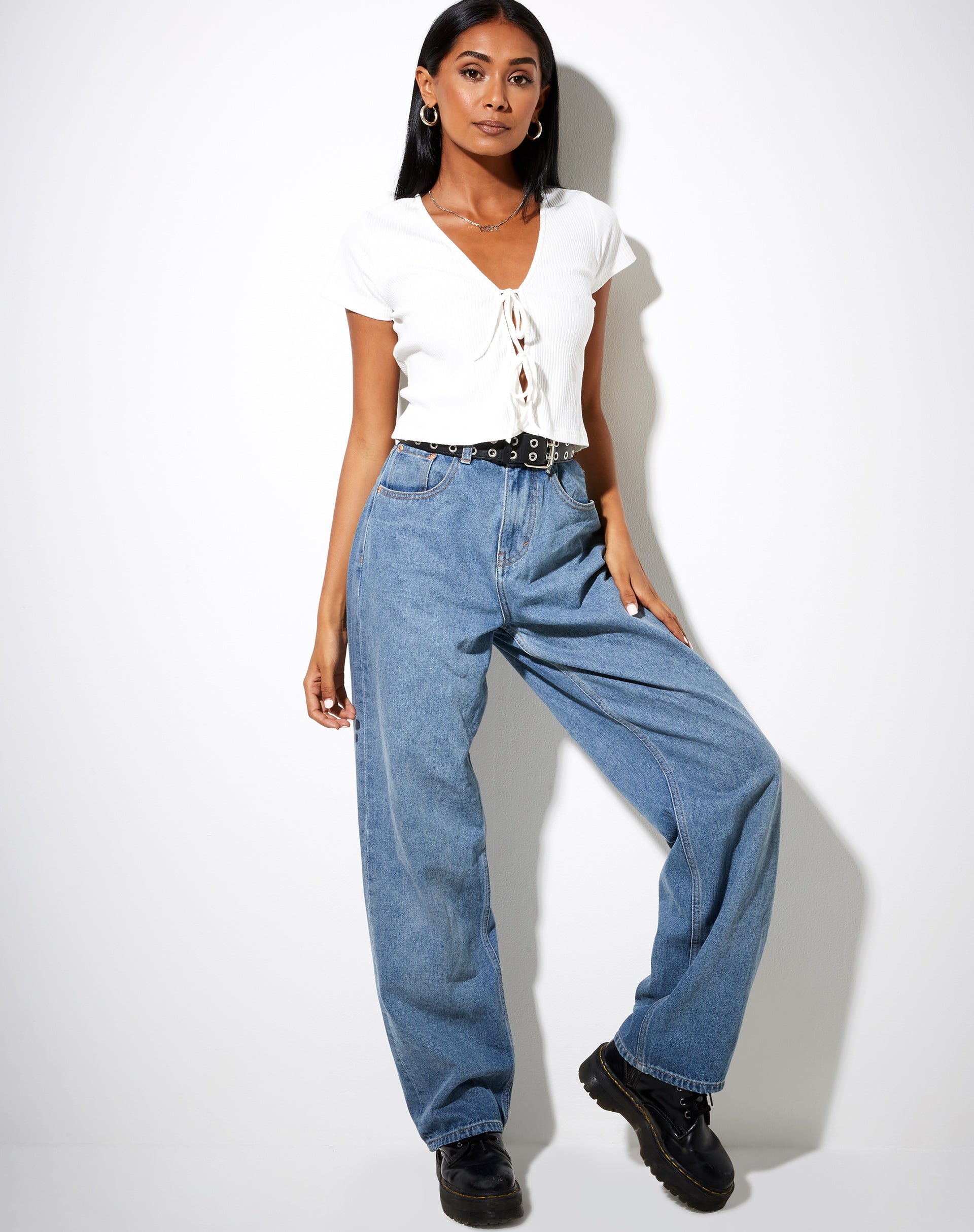 Tiery Crop Top in Rib Ivory-Nico Sky