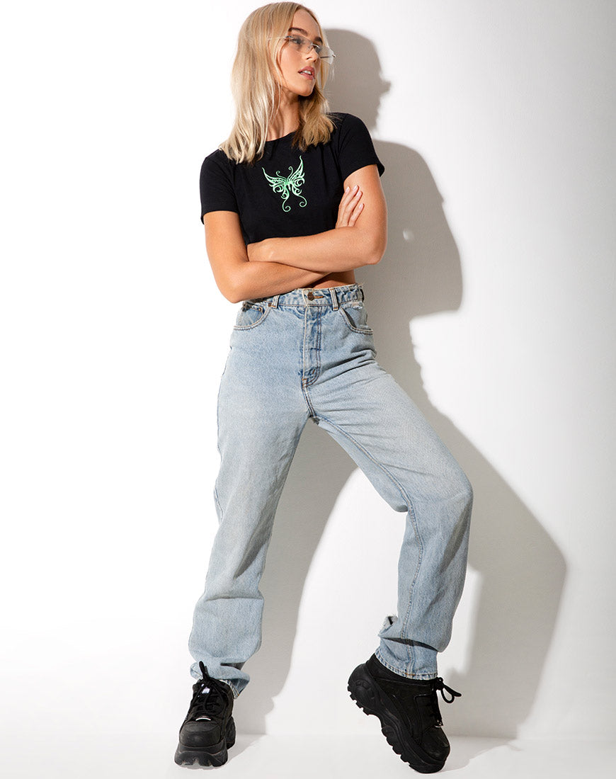 Tindy Crop Top in Black with Butterfly Green Embro-Nico Sky