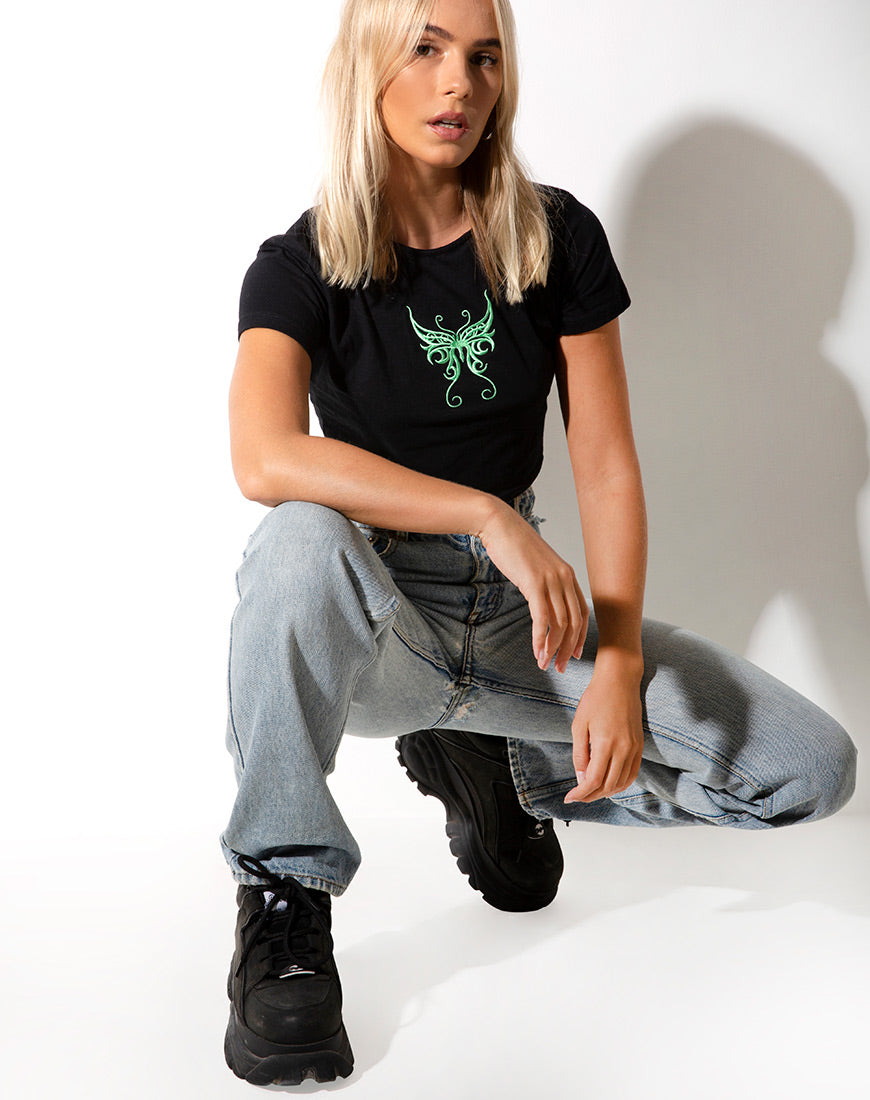 Tindy Crop Top in Black with Butterfly Green Embro-Nico Sky