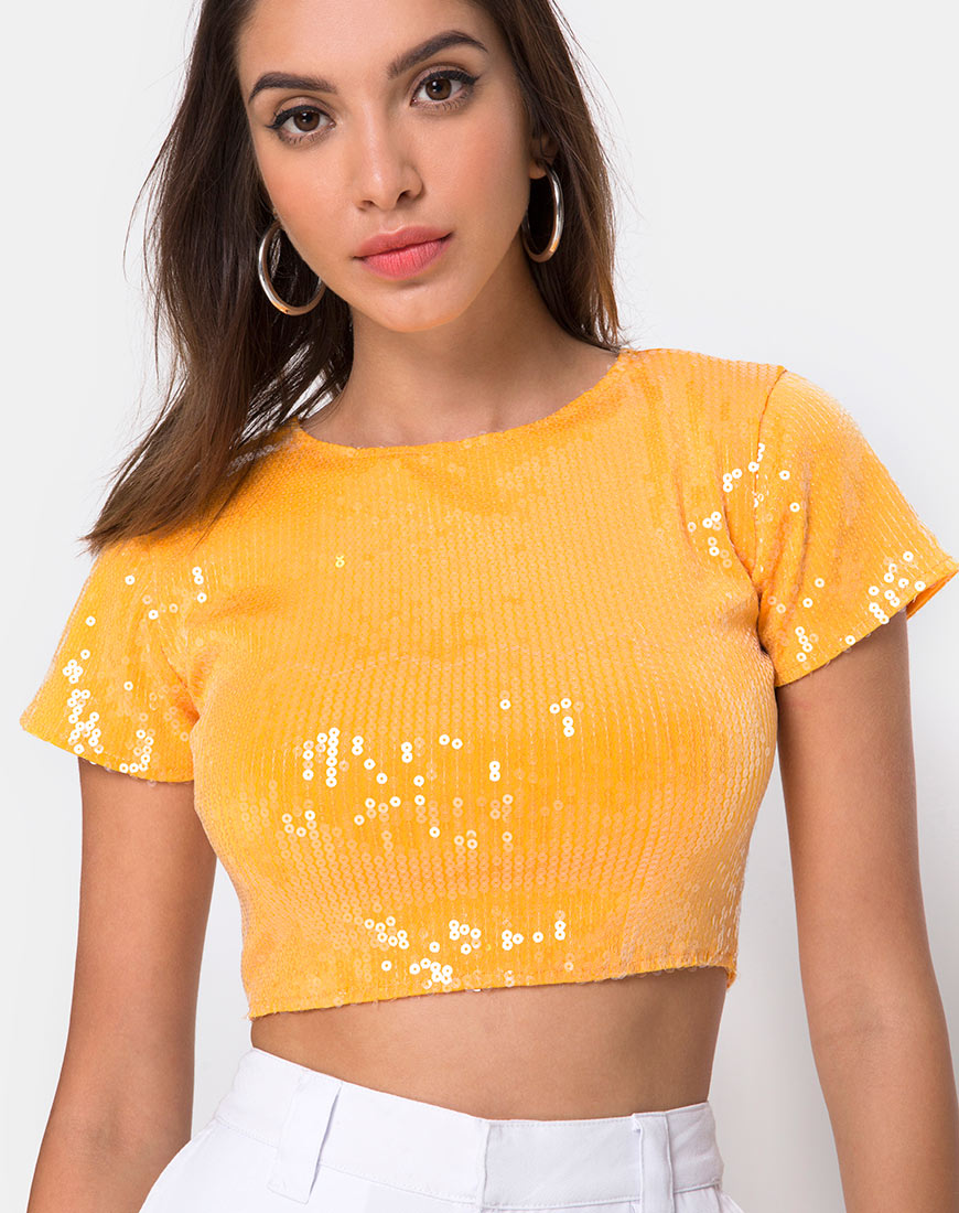 Tindy Crop Top in Tangerine with Clear Sequin-Nico Sky