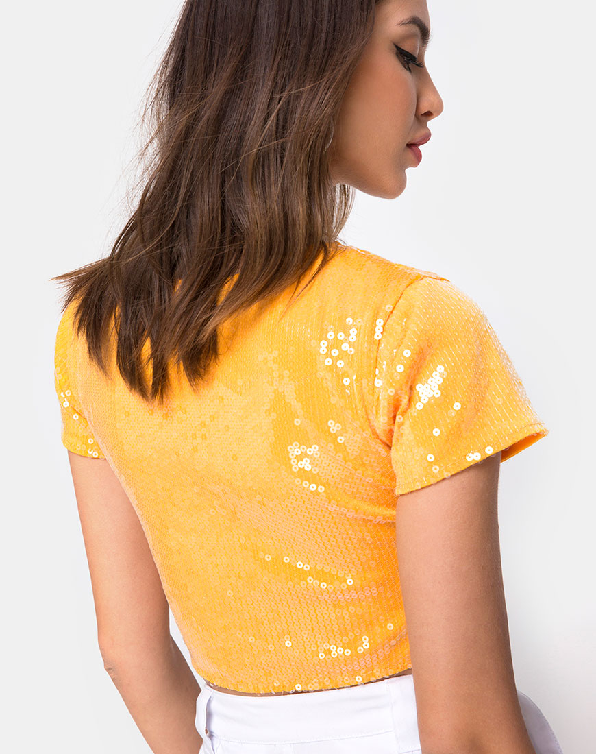 Tindy Crop Top in Tangerine with Clear Sequin-Nico Sky