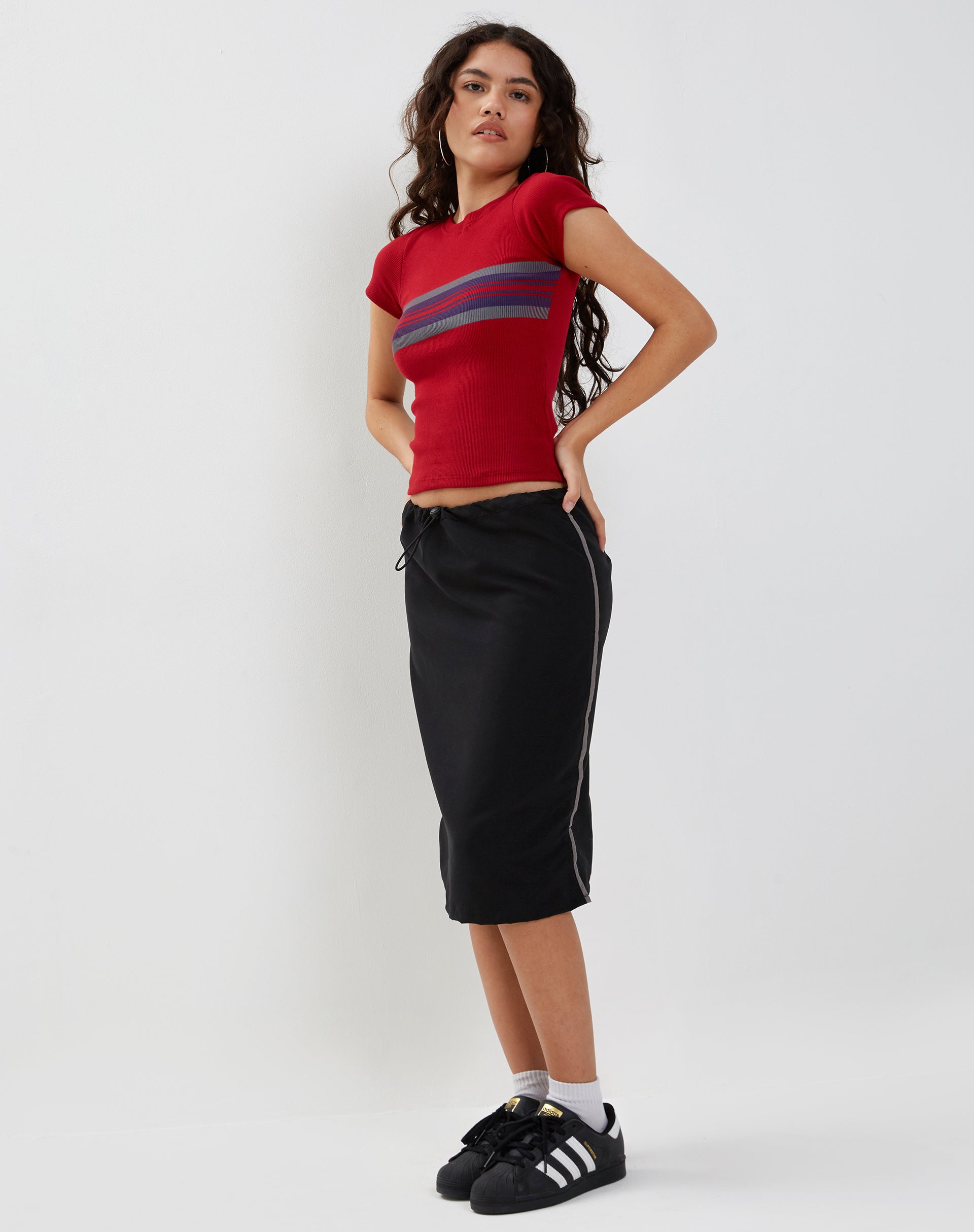 Ashlyn Cargo Midi Skirt in Black with White Stripe-Nico Sky