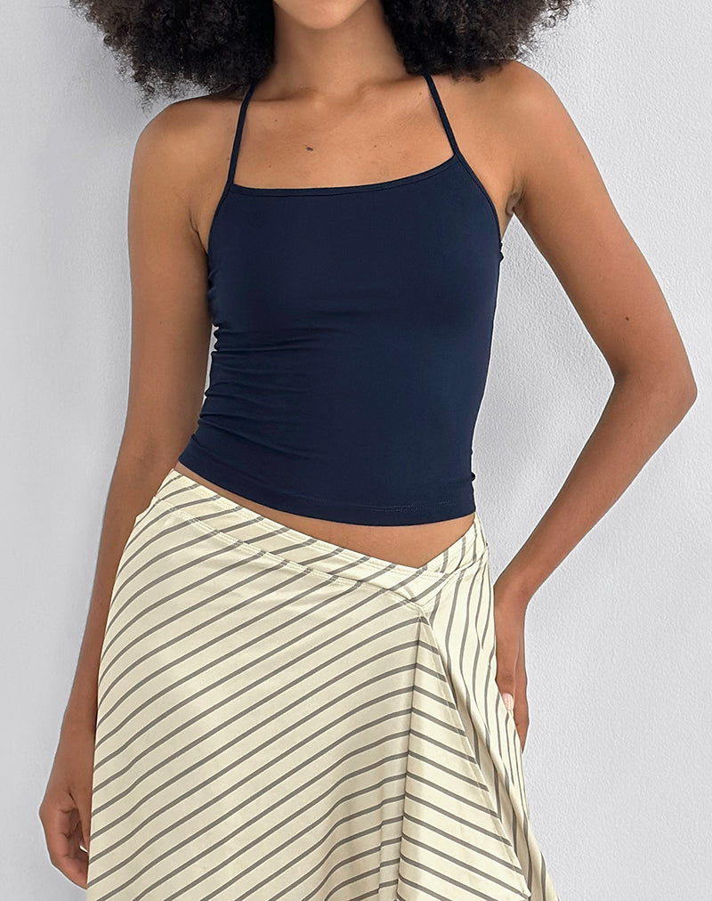 Tomoe Halter Neck Top in Rayon Jersey Navy-Nico Sky